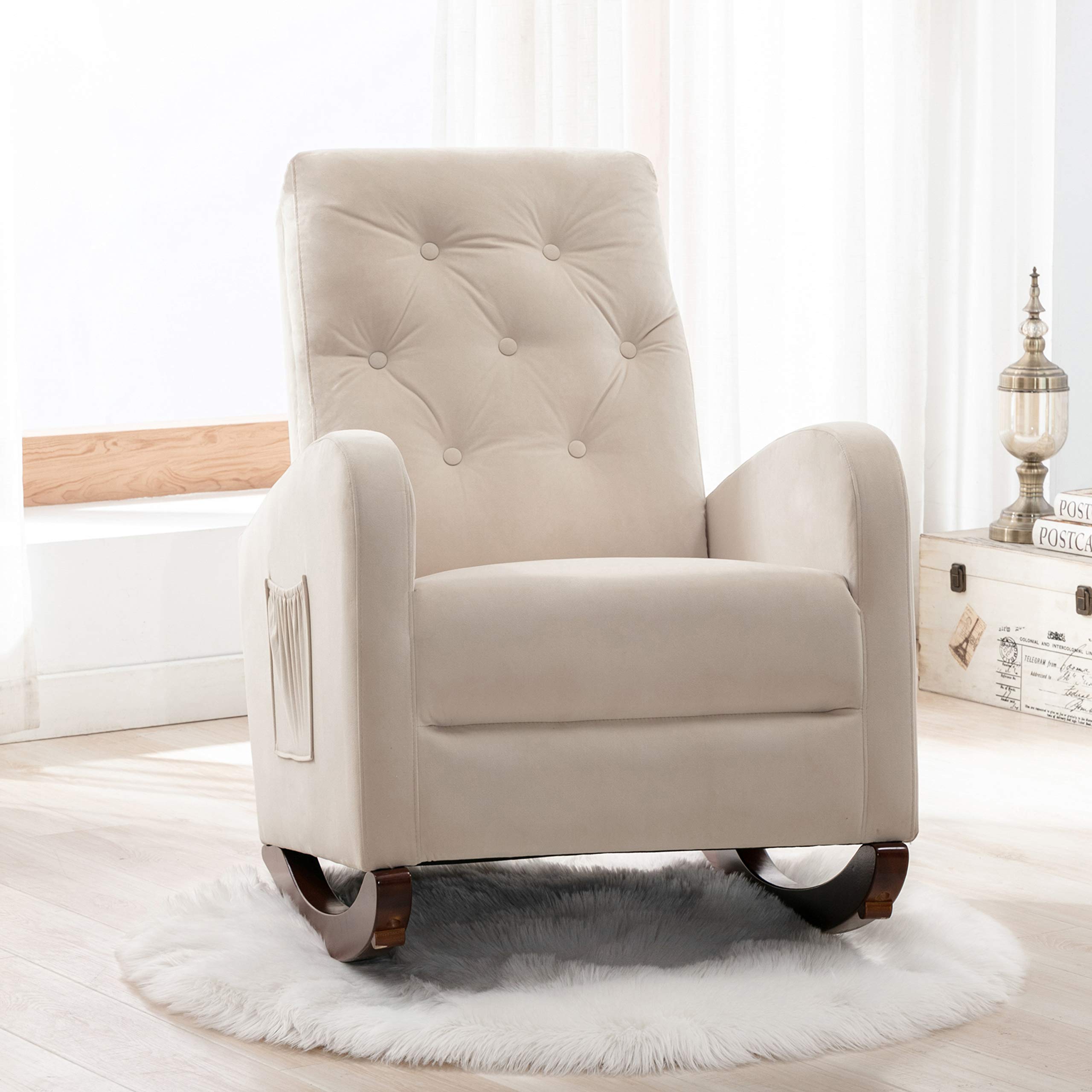 HomVent Baby Nursery Rocking Chair - High Back Comfortable Rocker with Padded Seat, Modern Armchair for Breastfeeding & Relaxing (Beige) | Perfect for Nurseries, Bedrooms & Living Rooms