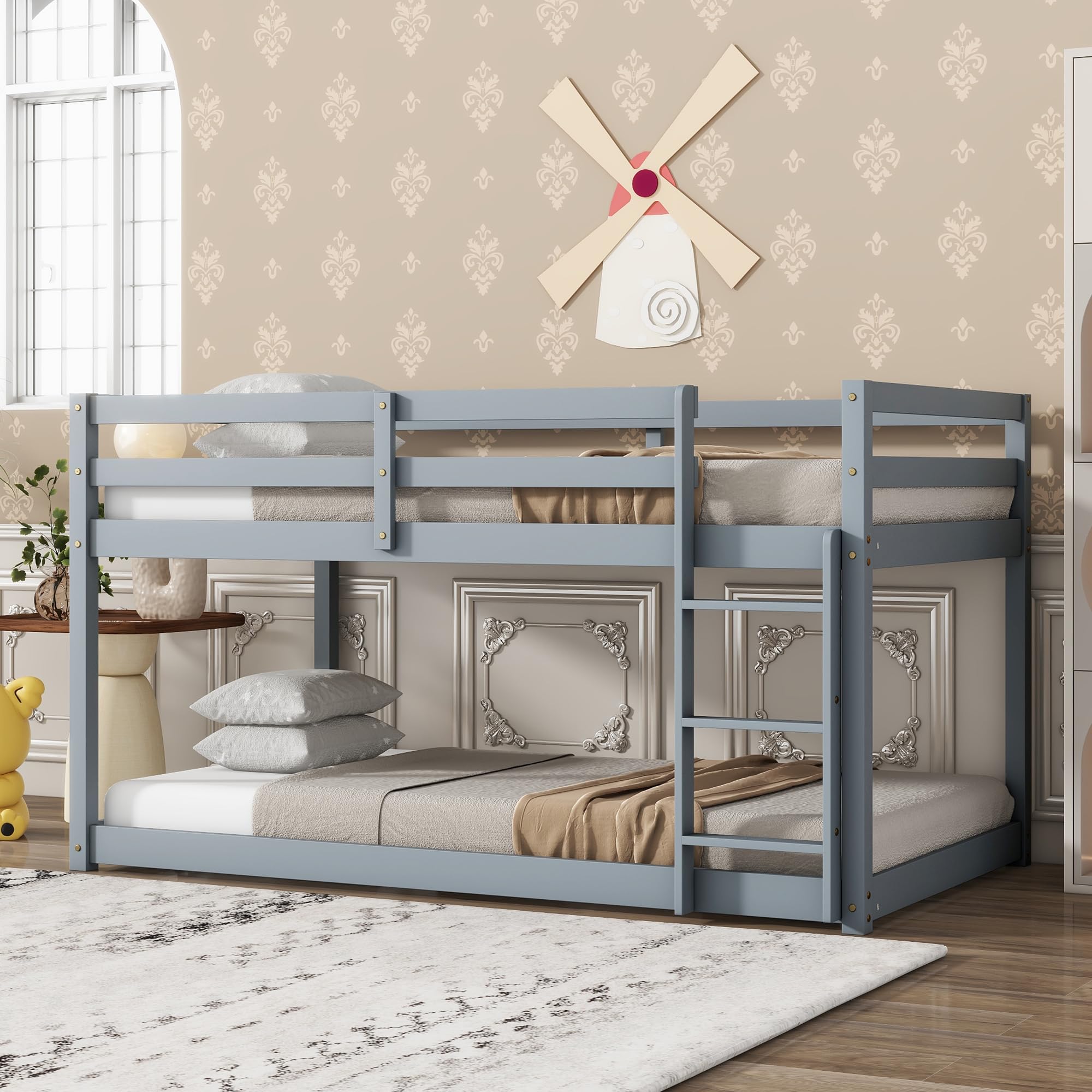 Twin Over Twin Low Bunk Bed with Safety Guardrail & Ladder - Space-Saving Kids Bedroom Furniture for Small Rooms - Easy Assembly, Sturdy Design for Children's Bedroom or Guest Room