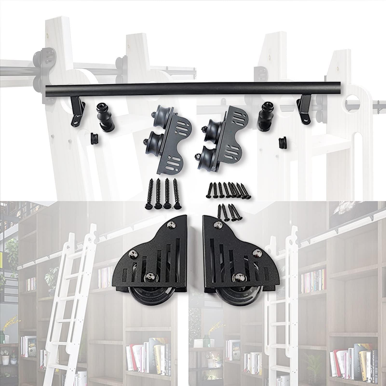 Telescopic Sliding Ladder Rail Complete Set - Rolling Ladder Hardware Kit, Multi-Purpose Mobile Ladder Track with Floor Roller Wheels (Ladder Not Included) - Perfect for Library, Warehouse, and Home Storage Organization