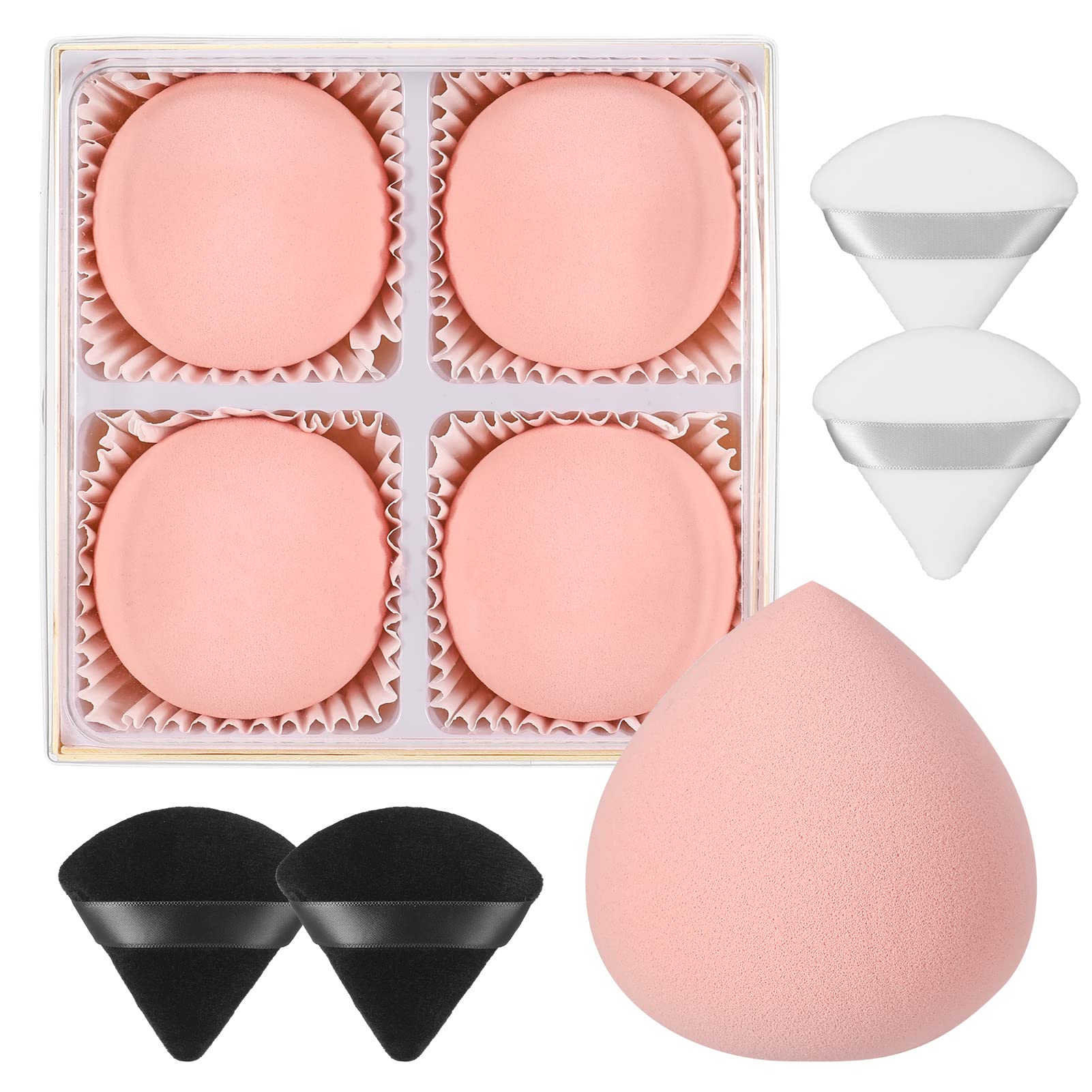 Smilcloud 4 Pack Ultra Soft Marshmallow Makeup Sponges - Expanding Beauty Blender for Foundation, Concealer & Powder - Includes 4 Powder Puffs - Perfect for Flawless Airbrush Finish & On-the-Go Touch Ups