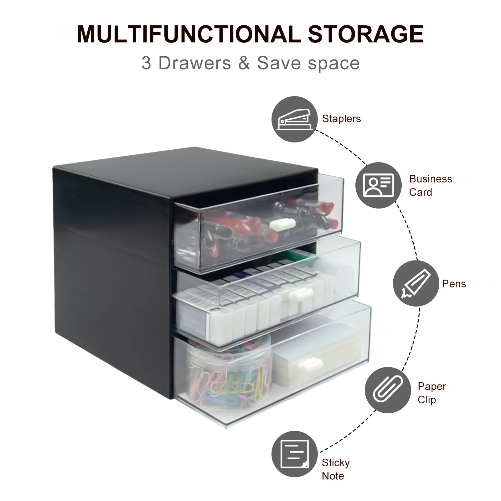 3-Drawer Black Plastic Desk Organizer with Storage Box - Office, School & Home Stationery Supplies Organizer for Pens, Paper Clips & Small Accessories - Perfect for Workspace, Study Desk & Dorm Room Organization