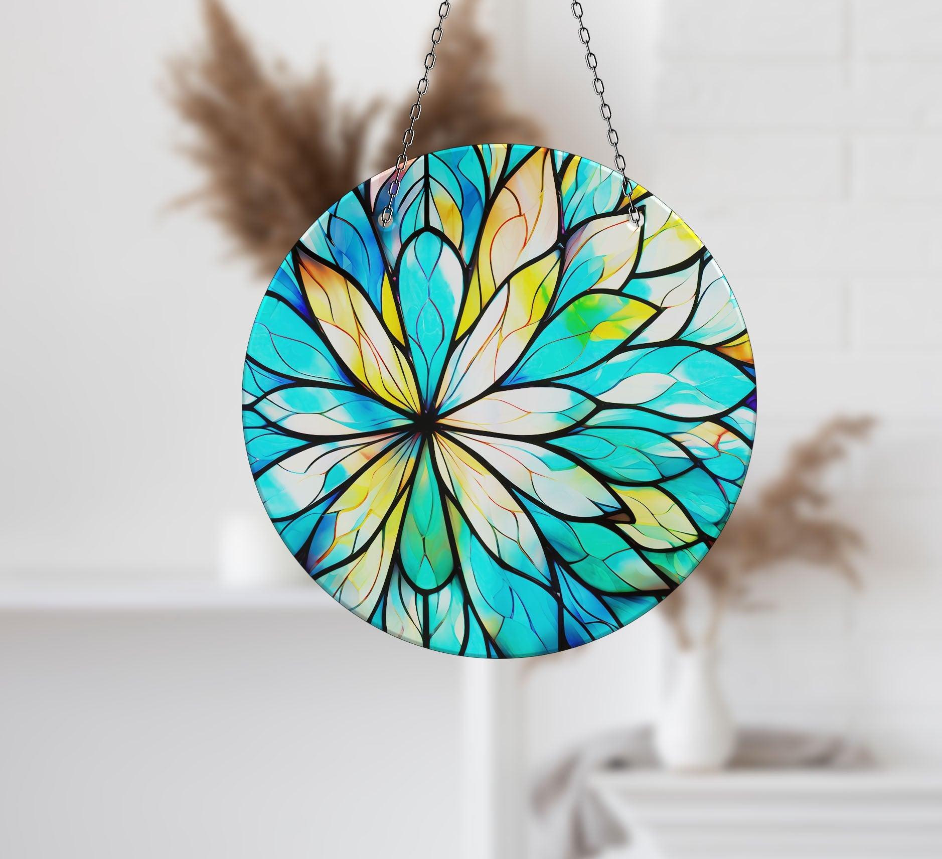 Blue and White Suncatcher Window Decor - Handmade Stained Glass Hanging Ornament for Home, Office, Garden (Perfect for Living Room, Bedroom, Kitchen & Outdoor Spaces)