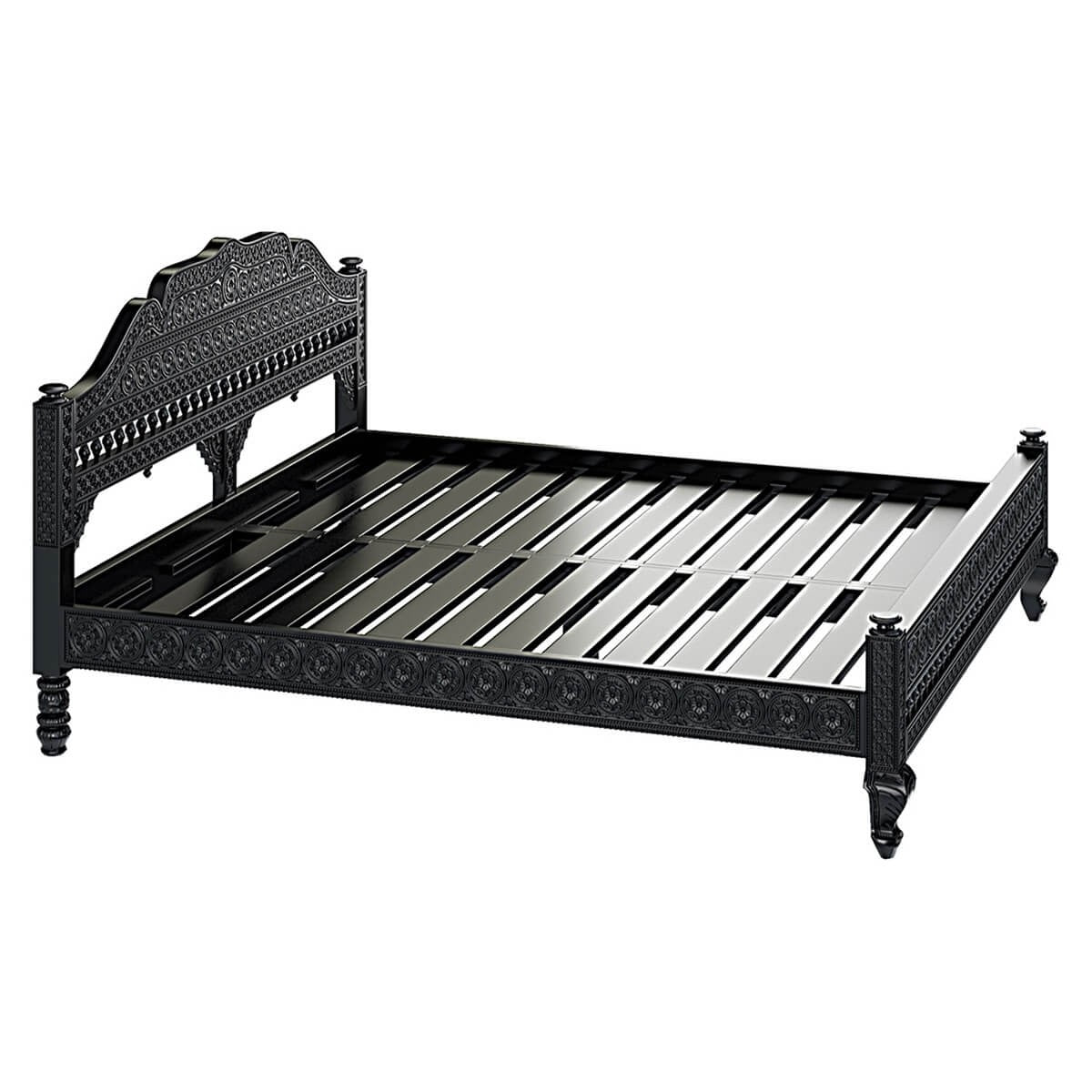 Hand Carved Indian Solid Wood Platform Bed with Mehrab Style Headboard - Floral Design for Bedroom Decor | Elegant & Durable Wooden Bed Frame