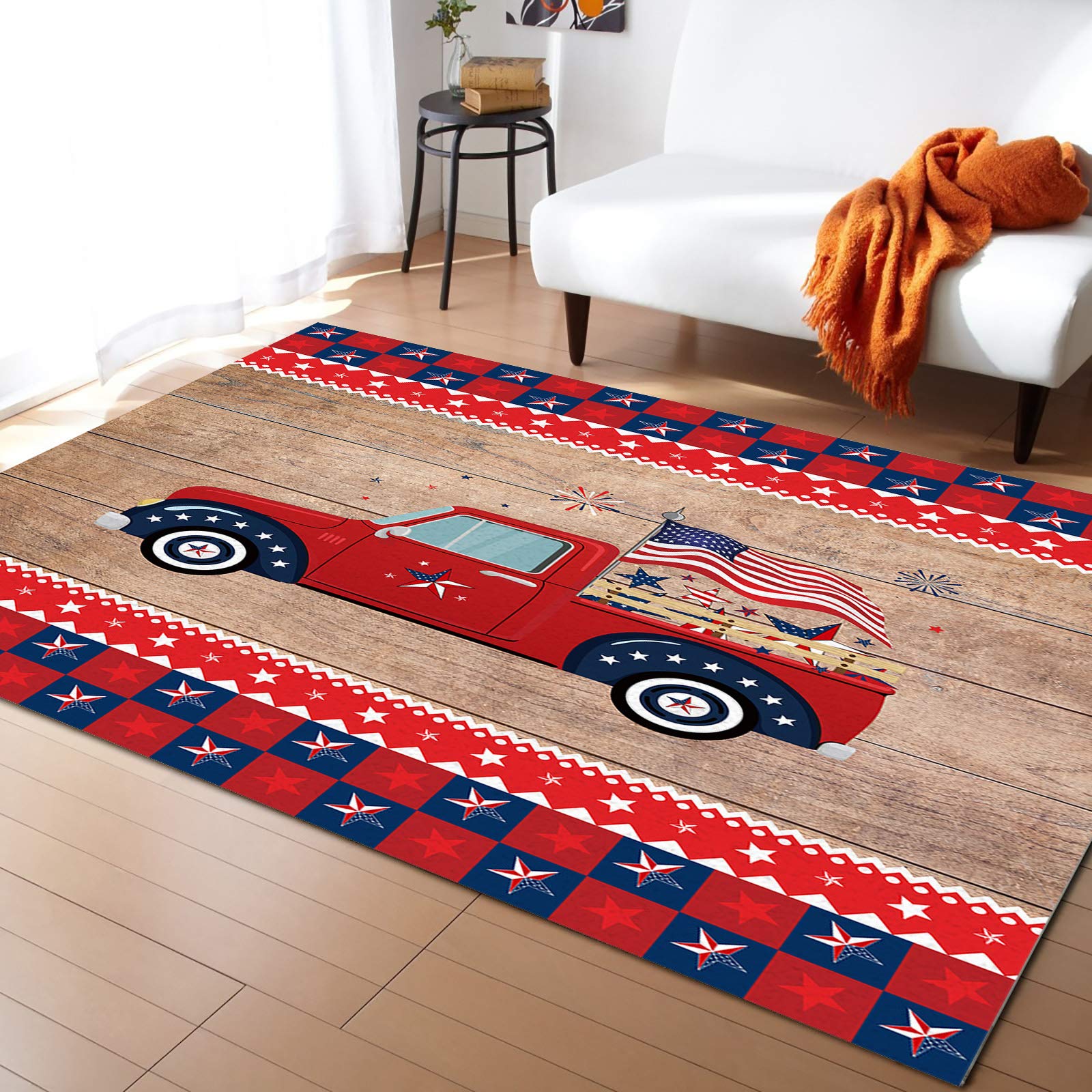 5'x7' Farm Truck Independence National Flag Area Runner Rug - Washable Buffalo Check Carpet for Indoor & Outdoor Use - Perfect for Kitchen, Living Room, Bathroom, Bedroom, Classroom, Laundry Room and Entryway Doormat