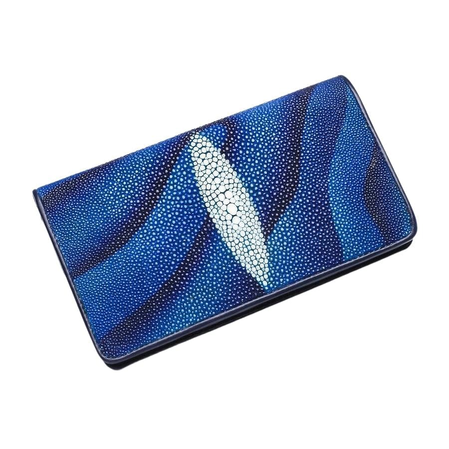 Premium Blue Stingray Skin Leather Long Wallet for Men - RFID Blocking Bifold Wallet with Money Clip - Perfect for Business, Travel & Everyday Use