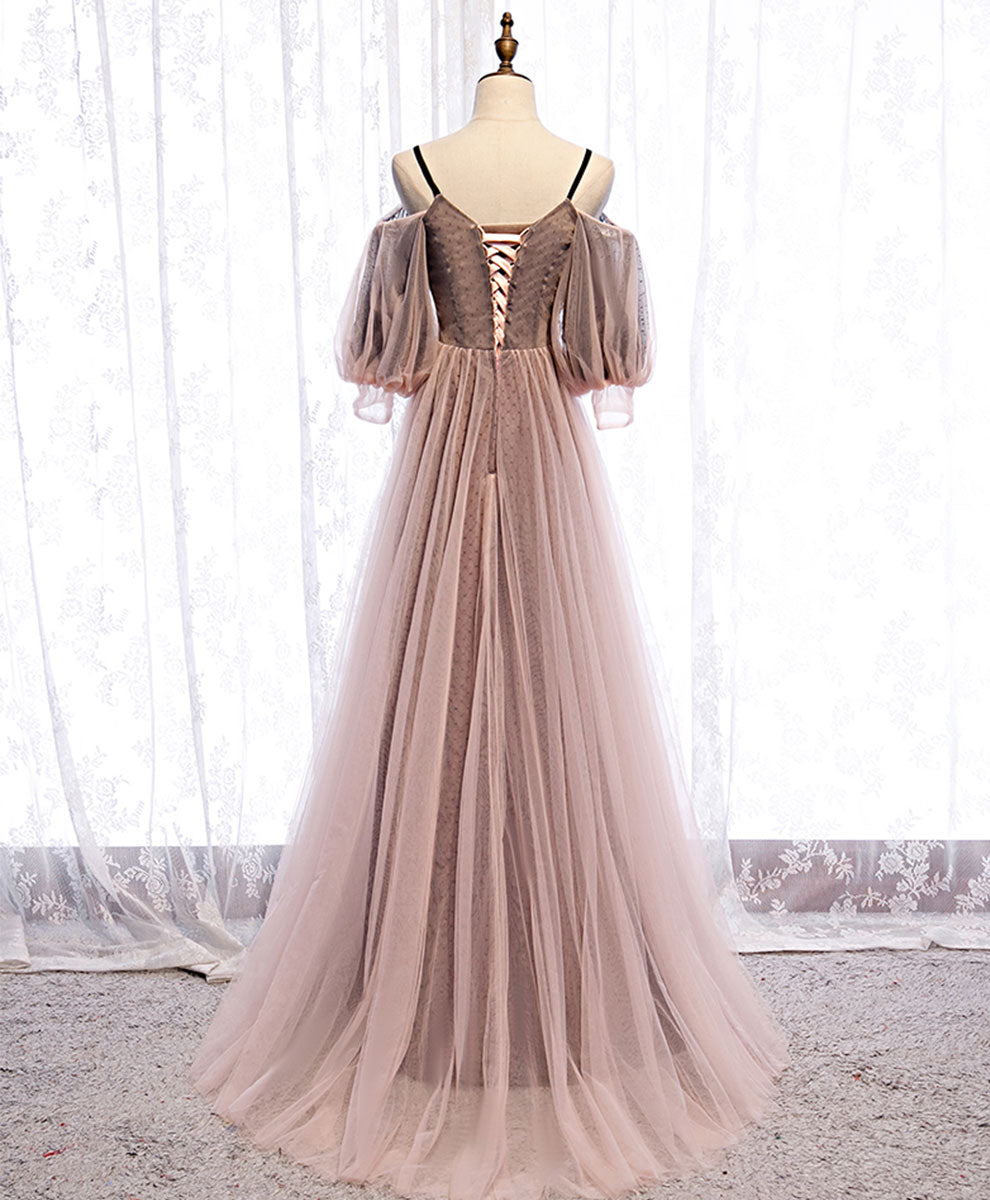 Elegant Pink V-Neck Tulle Lace Long Prom Dress - Formal Evening Gown for Homecoming, Ball & Special Occasions