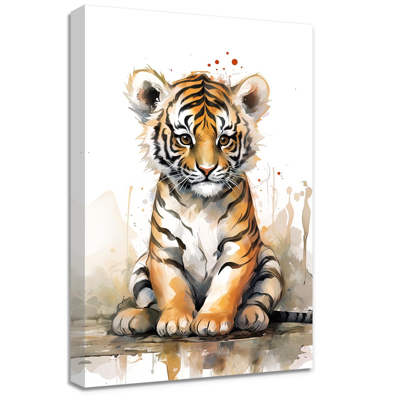 ZQQART Tiger Canvas Wall Art - Watercolor Baby Tiger Portrait, Jungle Nursery Decor, Framed Animal Print for Kids Room (24x36 Inch) - Perfect for Baby Shower Gifts & Wildlife Themed Bedrooms