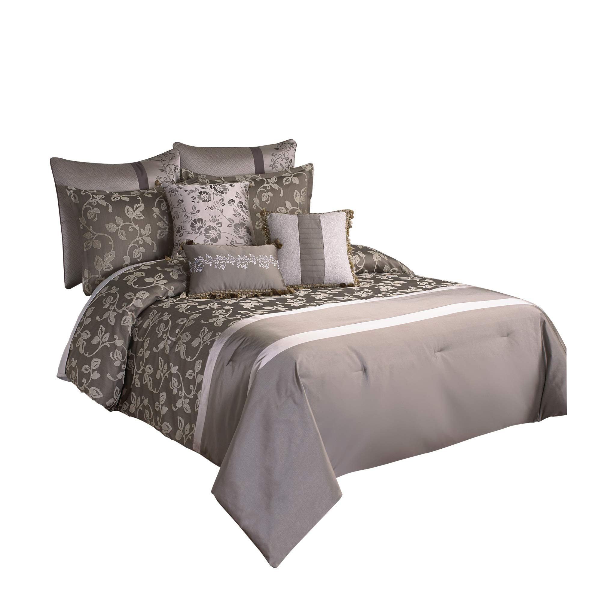 Benjara 10-Piece King Size Comforter Set - Soft Polyester Bedding with Elegant Leaf Pattern in Gray - Perfect for Master Bedroom, Guest Room & Cozy Home Decor