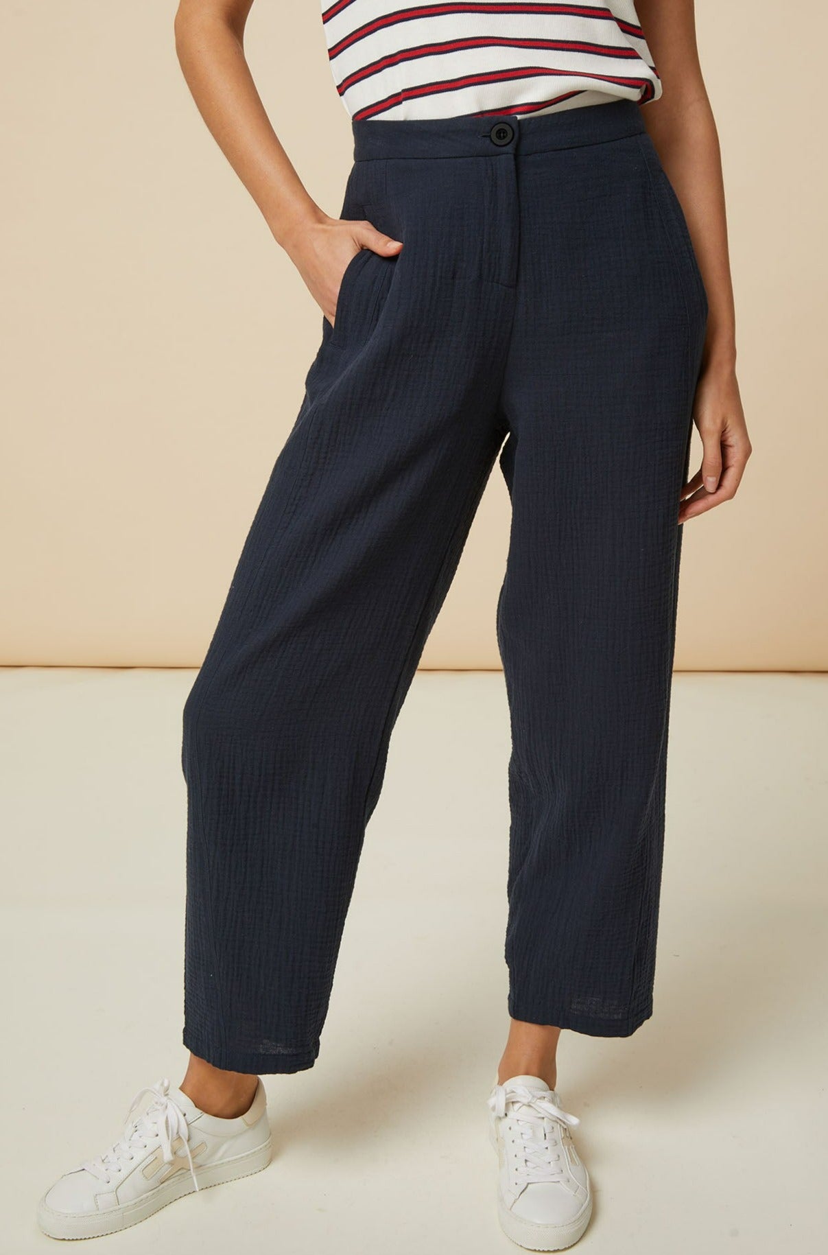 Libby Cheesecloth Trousers for Women - Navy Blue Linen Pants | Comfortable Summer Casual Wear for Beach, Travel & Everyday Outfits