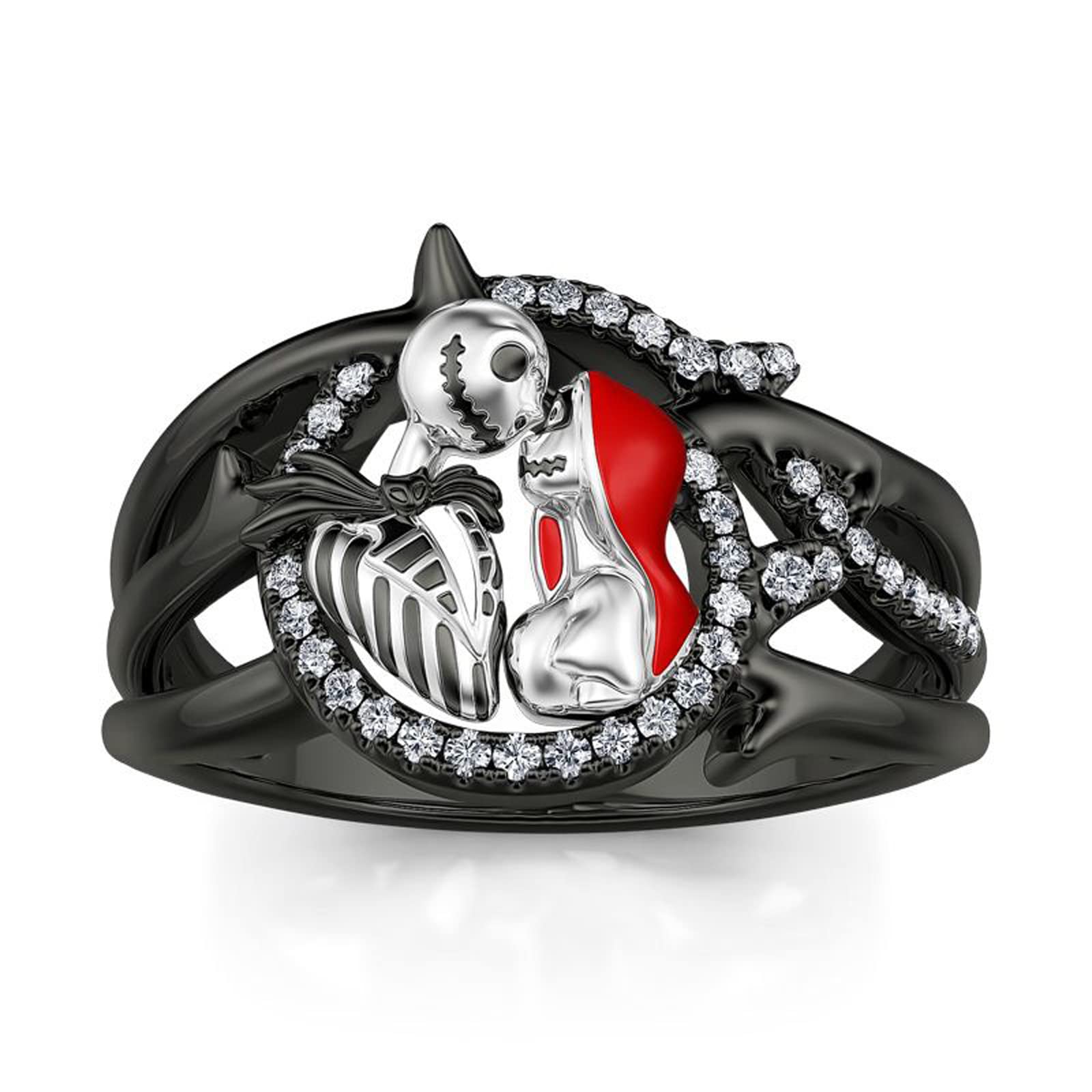 Jeulia Gothic Skull Diamond Ring - Sterling Silver Jack & Sally Skeleton Band for Women | Halloween, Anniversary, Christmas Jewelry Gift with Box | Perfect for Gothic Weddings, Cosplay & Alternative Fashion