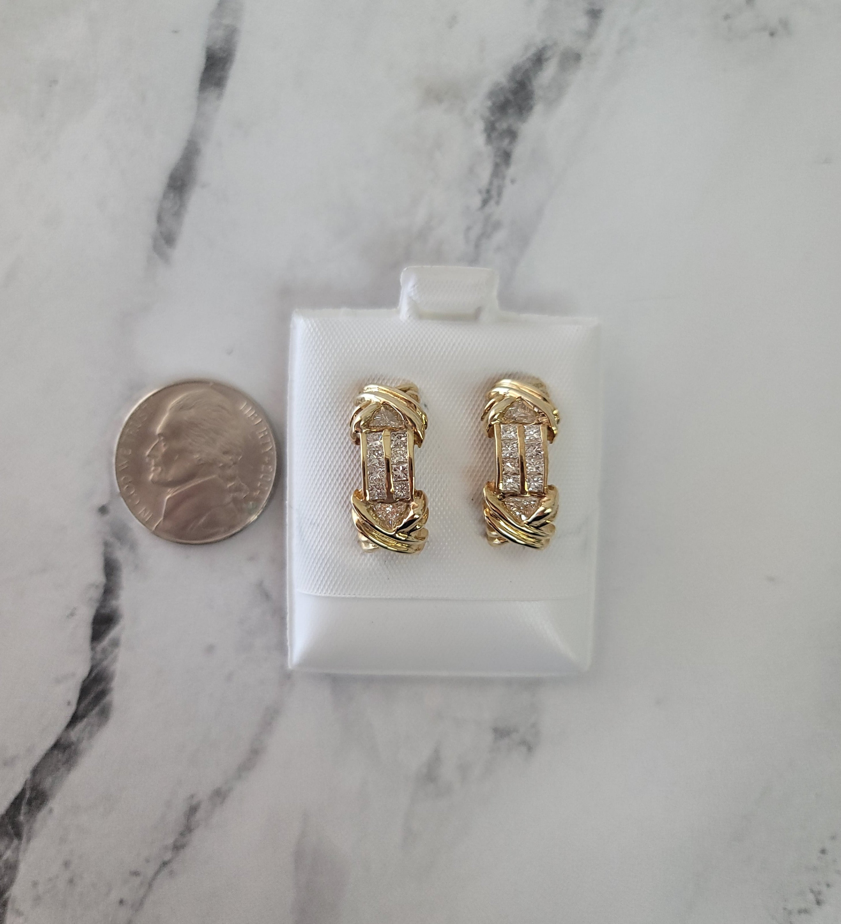 14K Yellow Gold Double 'X' Princess & Trillion Cut Diamond Earrings for Women - Elegant Jewelry Gift for Anniversary, Wedding & Special Occasions