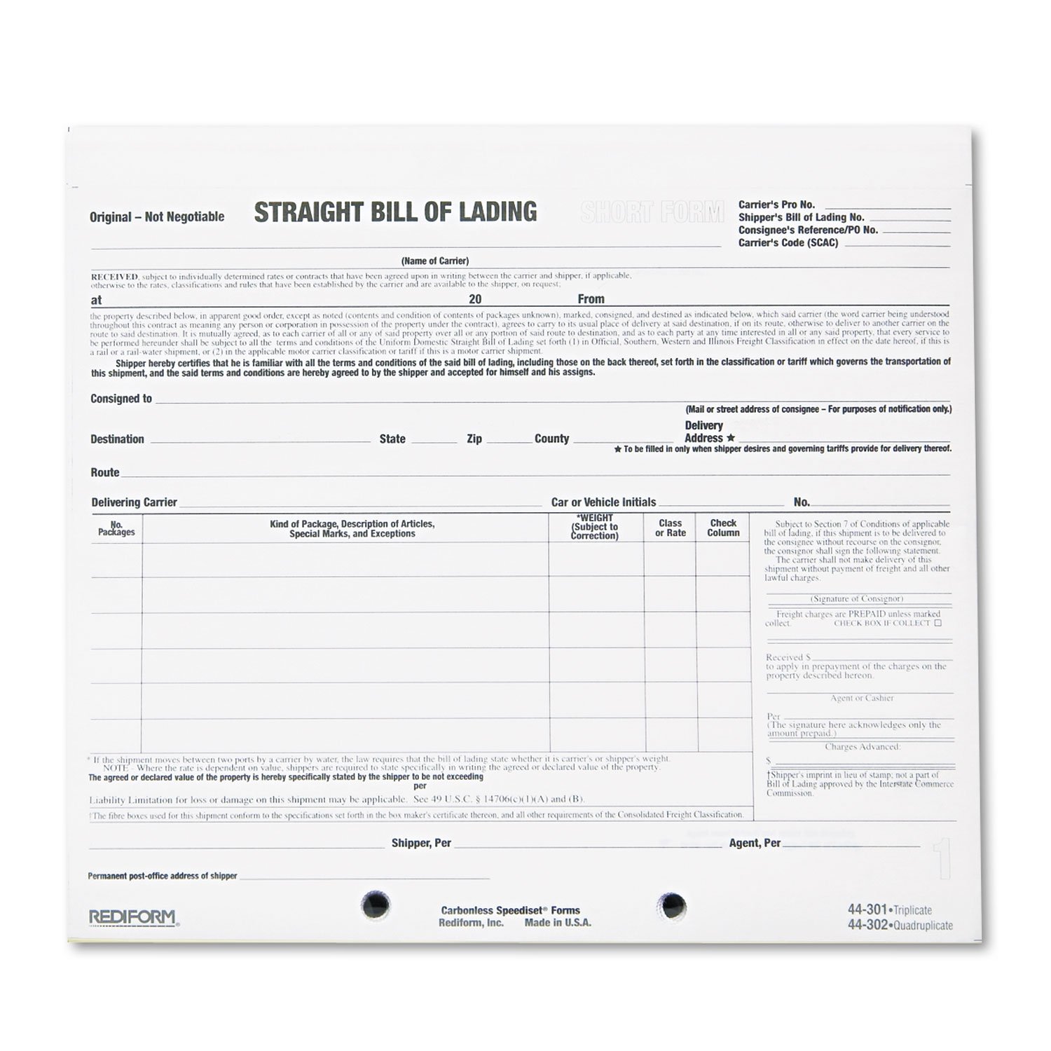 Rediform Snap-A-Way Bill of Lading Forms - 3-Part Carbonless, 7 x 8.5 Inches, Pack of 250 - Perfect for Shipping, Logistics & Inventory Management