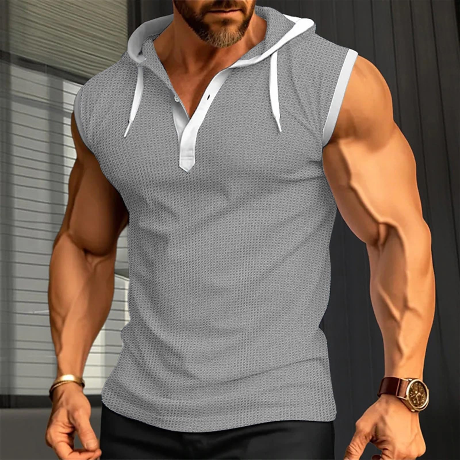 Men's Waffle Tank Top Hoodie - Sleeveless Gym Hooded Shirt for Bodybuilding & Workout - Muscle Shirt for Casual Wear, Beach & Hippie Style - Perfect for Gym Training, Summer Outfits and Streetwear Fashion