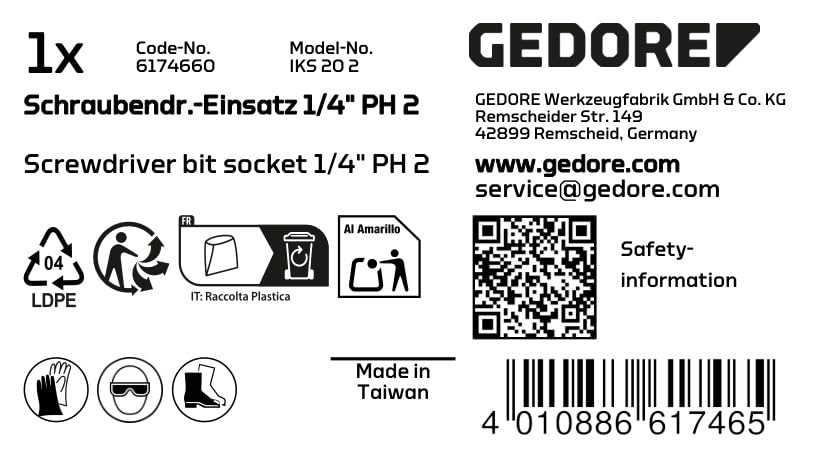 GEDORE IKS 20 2 Screwdriver Bit Socket 1/4
