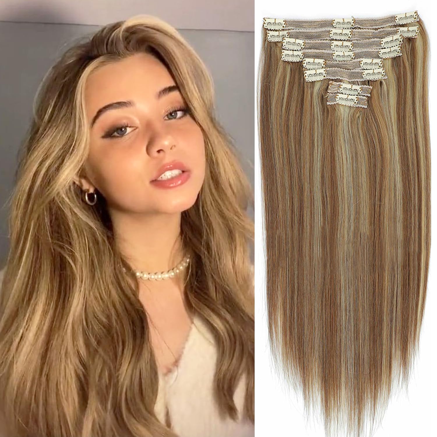 Clip-In Human Hair Extensions 120g 8pcs - 22 Inch Straight Remy Hair in Chestnut Brown & Bleach Blonde (#6/613) | Natural Real Hair for Volume & Length | Perfect for Parties, Weddings & Daily Styling