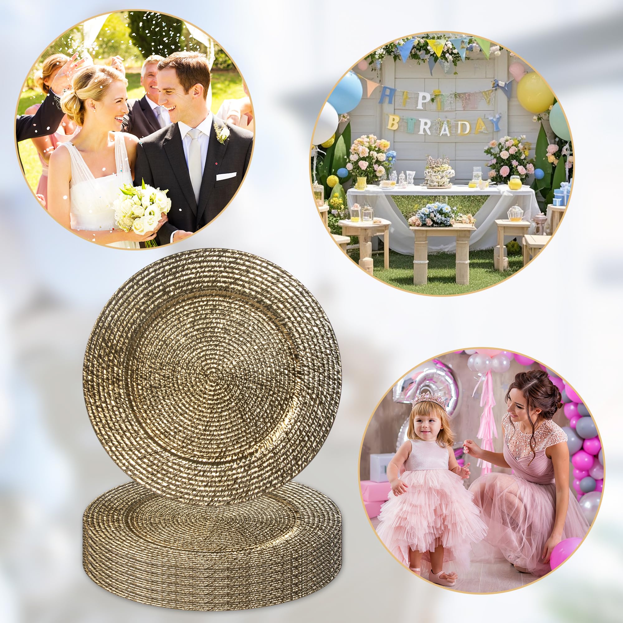 50 Pcs Gold Charger Plates Bulk - Elegant Decorative Dinner Plates for Weddings, Baby Showers & Graduations - 13 Inch Rustic & Modern Table Decor - Perfect for Banquets, Parties & Holiday Dining