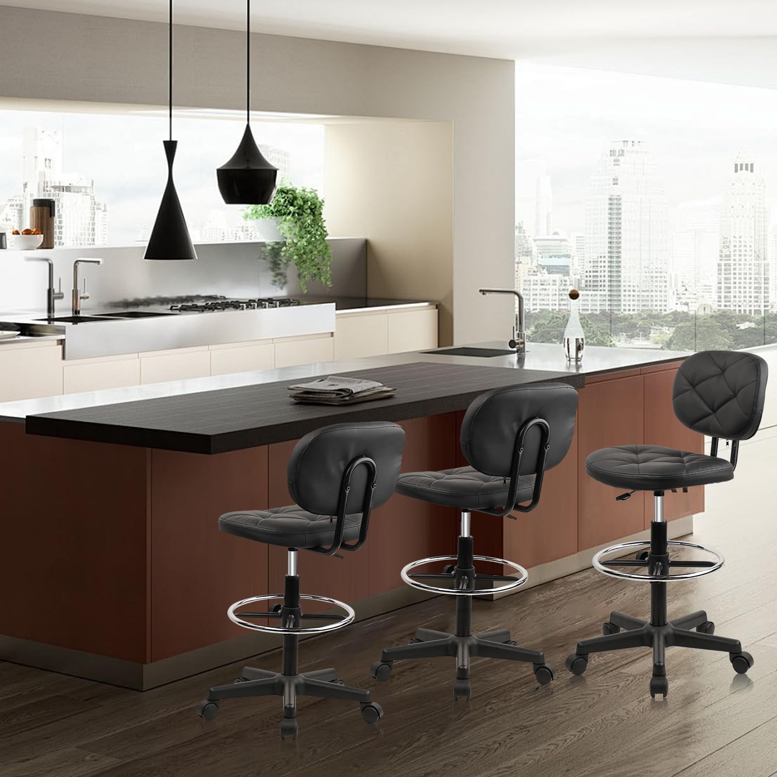 4-Pack Adjustable Drafting Stool with Low Back Support & Footrest - PU Leather Swivel Chair for Office, Home, Standing Desk - Ergonomic Rolling Stool for Artists, Architects & Workstations