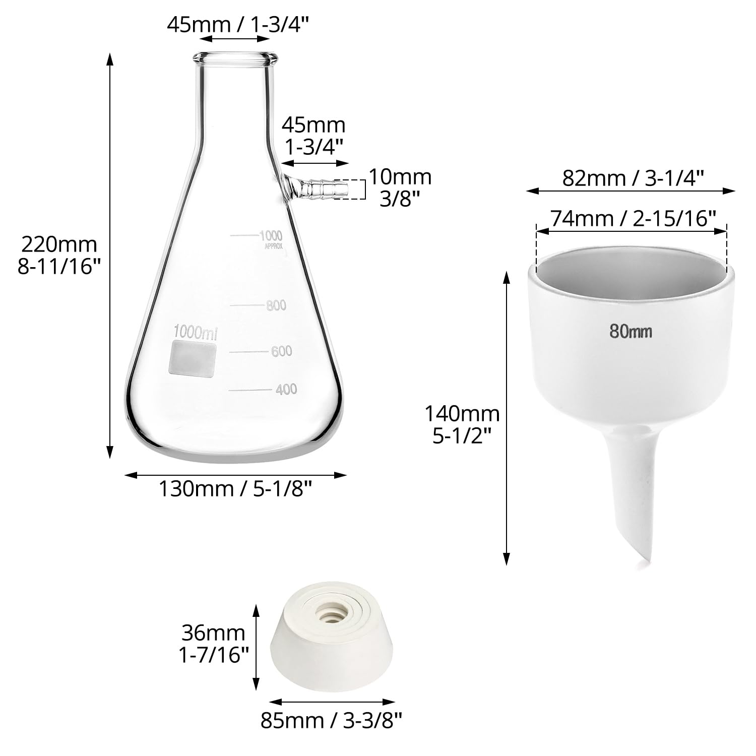 QWORK 1000ML Borosilicate Glass Buchner Funnel Kit with 1L Vacuum Flask - 80mm Heavy Wall Filtering Flask Set for Chemistry Labs, Scientific Experiments & Home Distilling