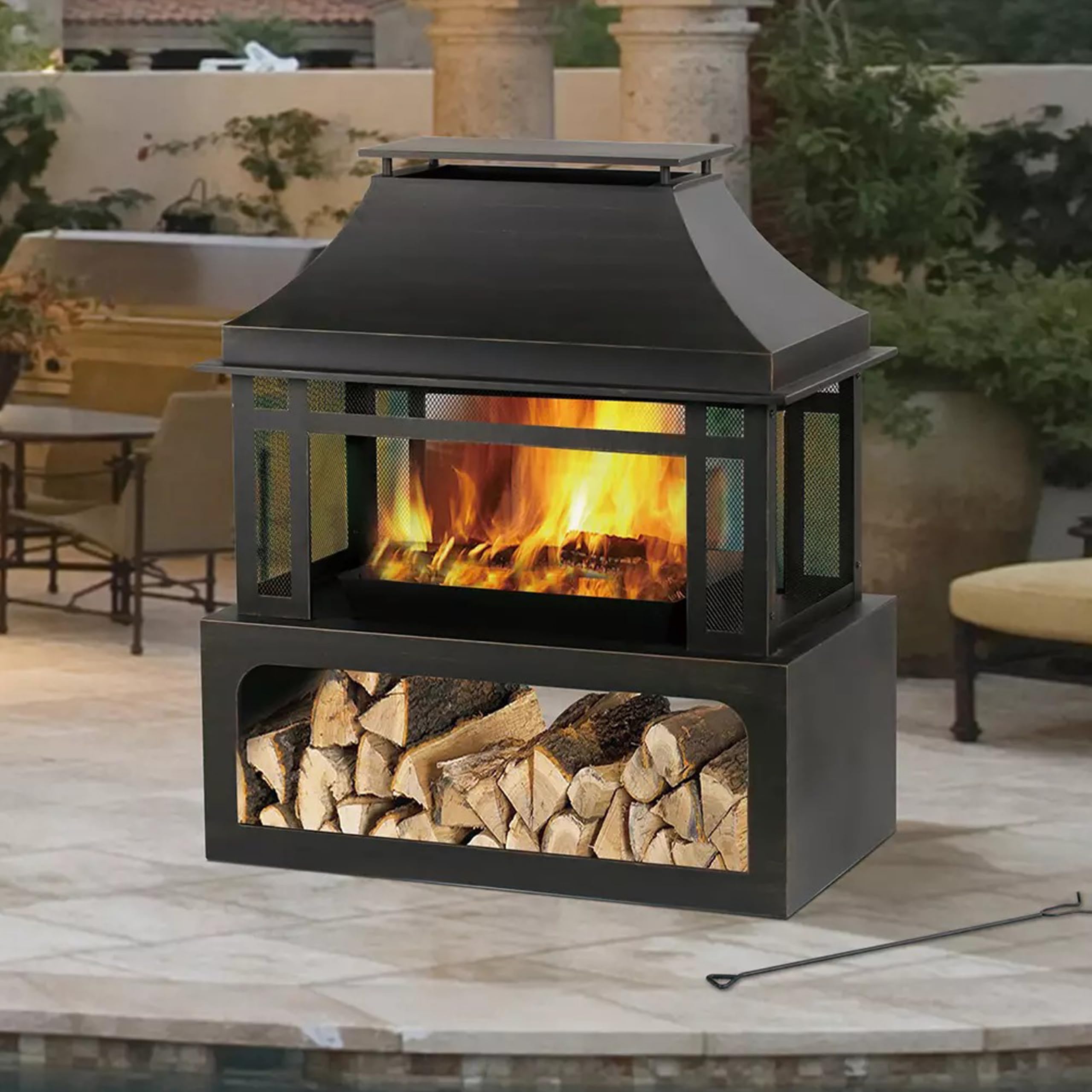 Black SRLF370 Wood Burning Fireplace with Log Rack & Tool Set - Classic Indoor/Outdoor Fireplace for Patio, Backyard, and Living Room Heating