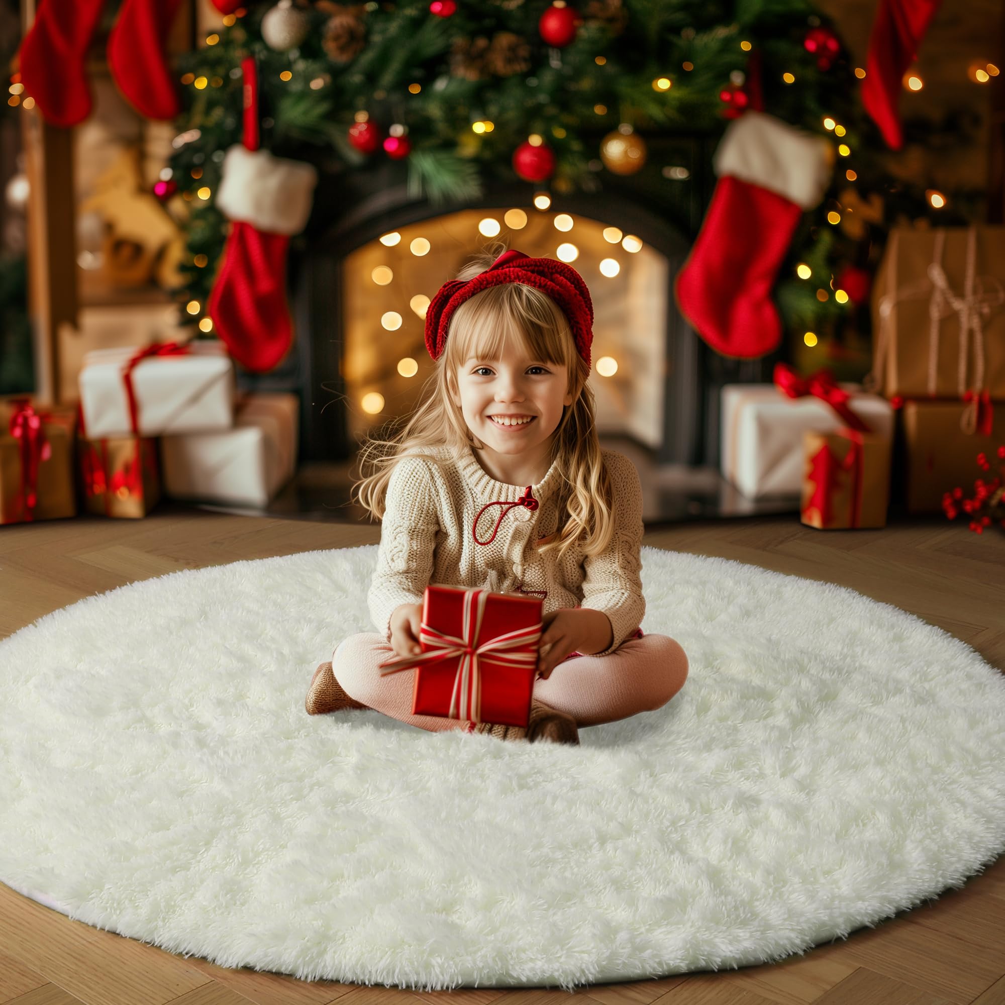 Amdrebio Ivory White Round Rug 4Ft - Washable Fluffy Fuzzy Circle Area Rug for Living Room, Kids Bedroom, Nursery & Dorm | Soft Plush Shaggy Carpet for Girls & Boys | Perfect for Cozy Home Decor & Play Areas