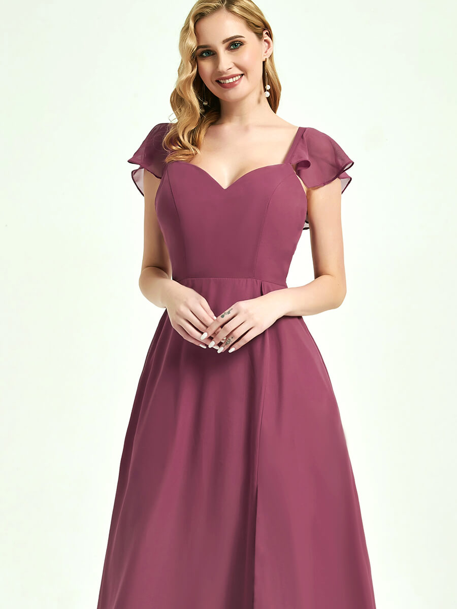 Elegant Dusk Ruffle Cap Sleeve Floor-Length Chiffon Bridesmaid Dress with High Slit | Formal Wedding Party Gown for Bridesmaids, Evening Gala & Special Occasions