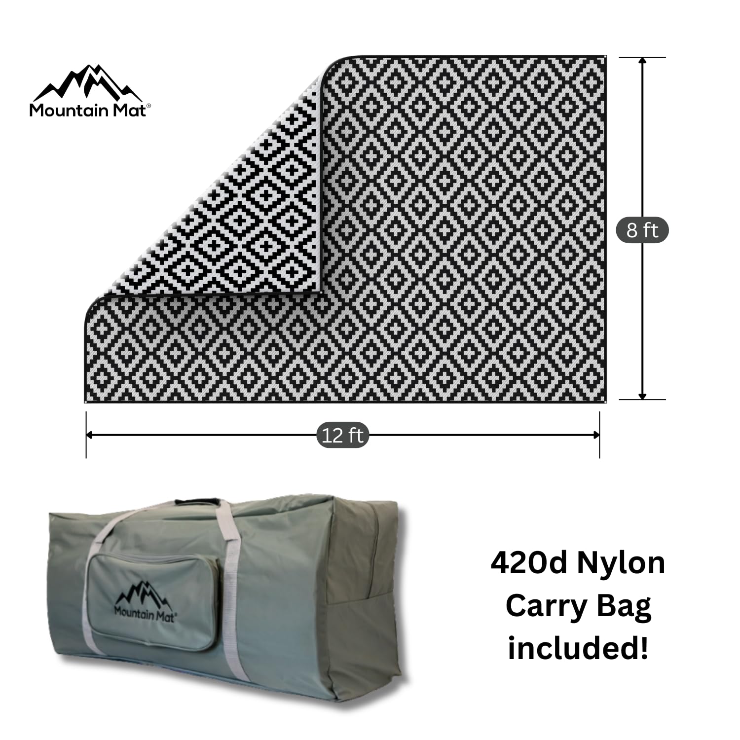 Premium 8' x 12' Outdoor Rug - 100% Recycled Plastic, Sand-Free & Durable - Perfect for Camping, RV, Patio, Beach - Includes Carry Bag & Grommets (Black) - Ideal for Outdoor Gatherings, Picnics & Backyard Decor