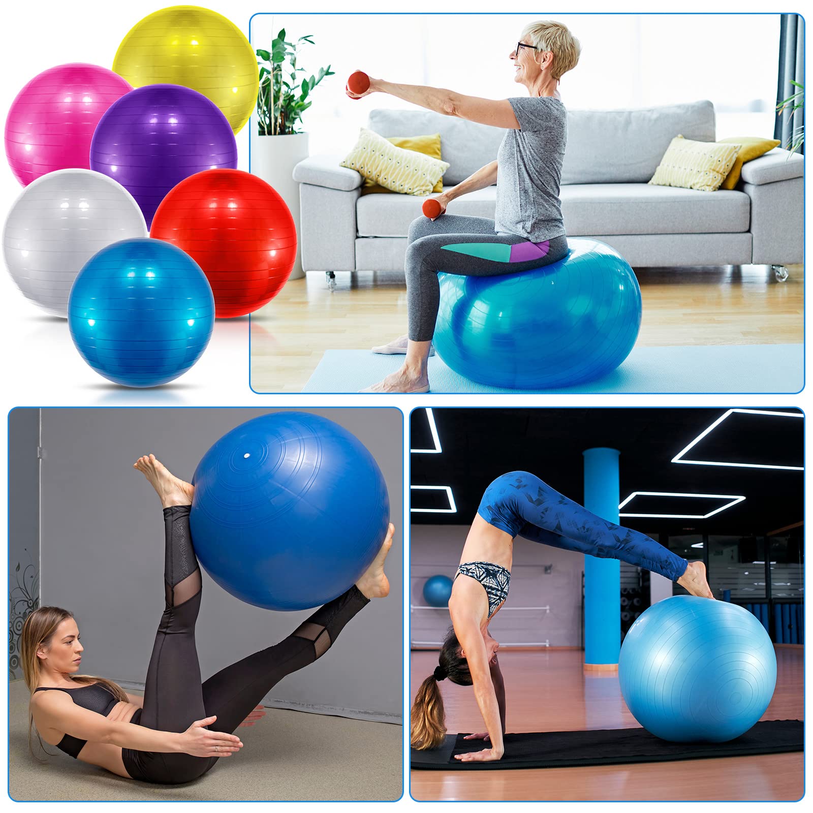 Jexine 6-Pack Yoga Exercise Ball Set - Anti-Burst PVC Stability Ball for Home, Gym & Office - Includes Quick Pump - Perfect for Pregnancy Workouts, Balance Training & Physical Therapy