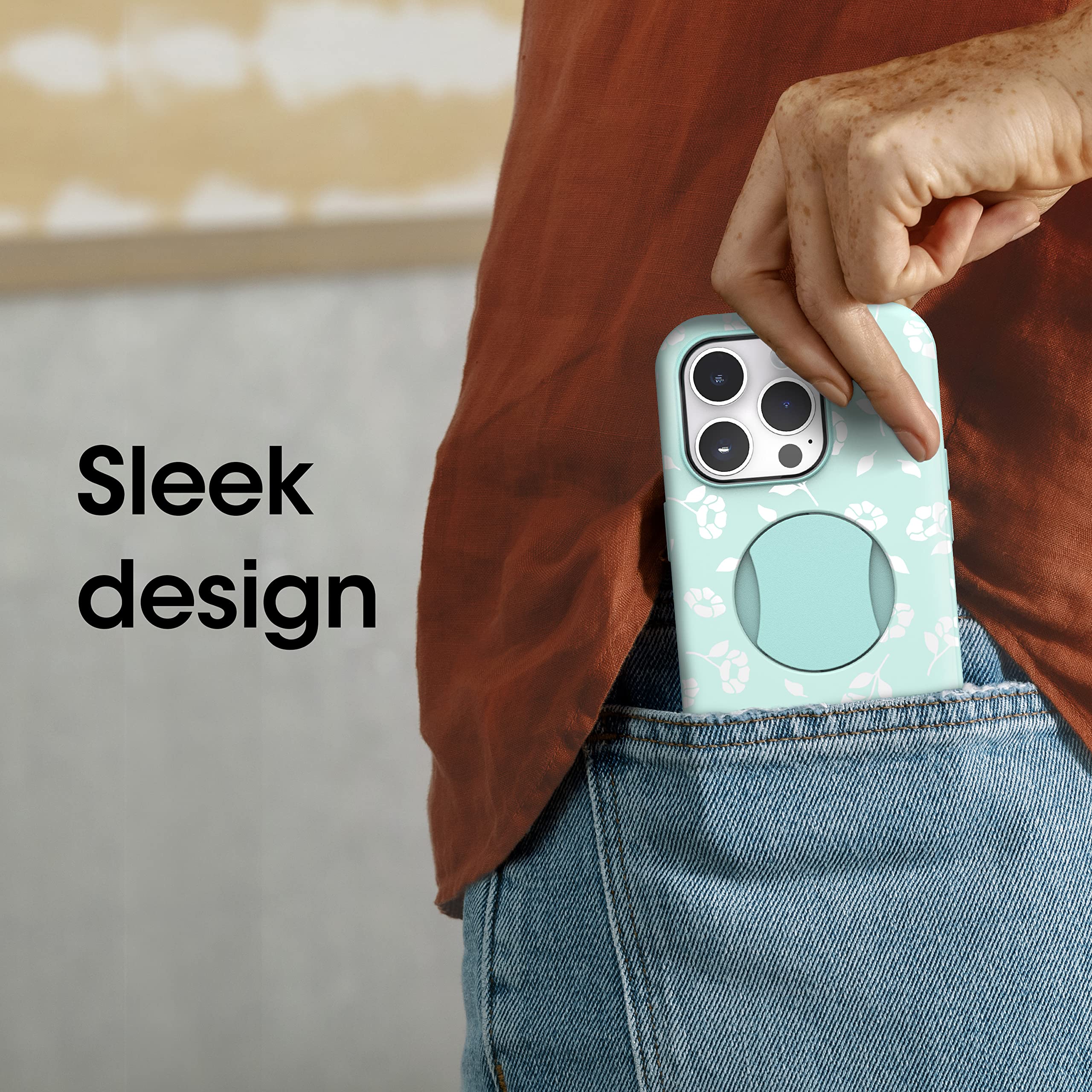 OtterBox iPhone 14 Pro Case - OtterGrip Symmetry Series with Built-in Grip | MagSafe Compatible | Raised Edges for Camera & Screen Protection | Blue Poppies by the Sea Design | Perfect for Outdoor Activities & Daily Use