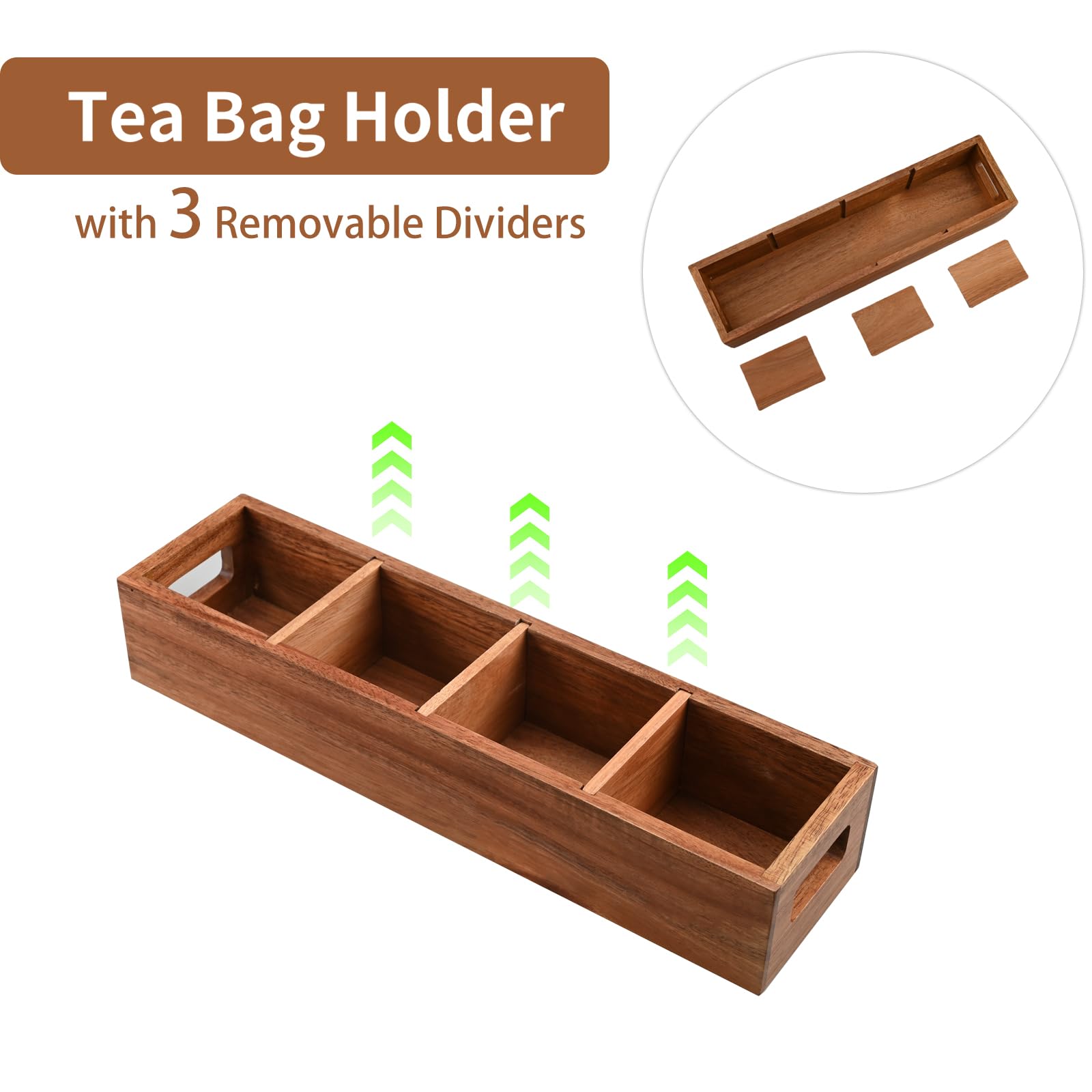 Premium Acacia Wood Tea Bag Organizer with 4 Slots - Elegant Tea Storage Holder for Tea Bags & Sugar Packets | Countertop Organizer for Kitchen, Office, or Dining Room