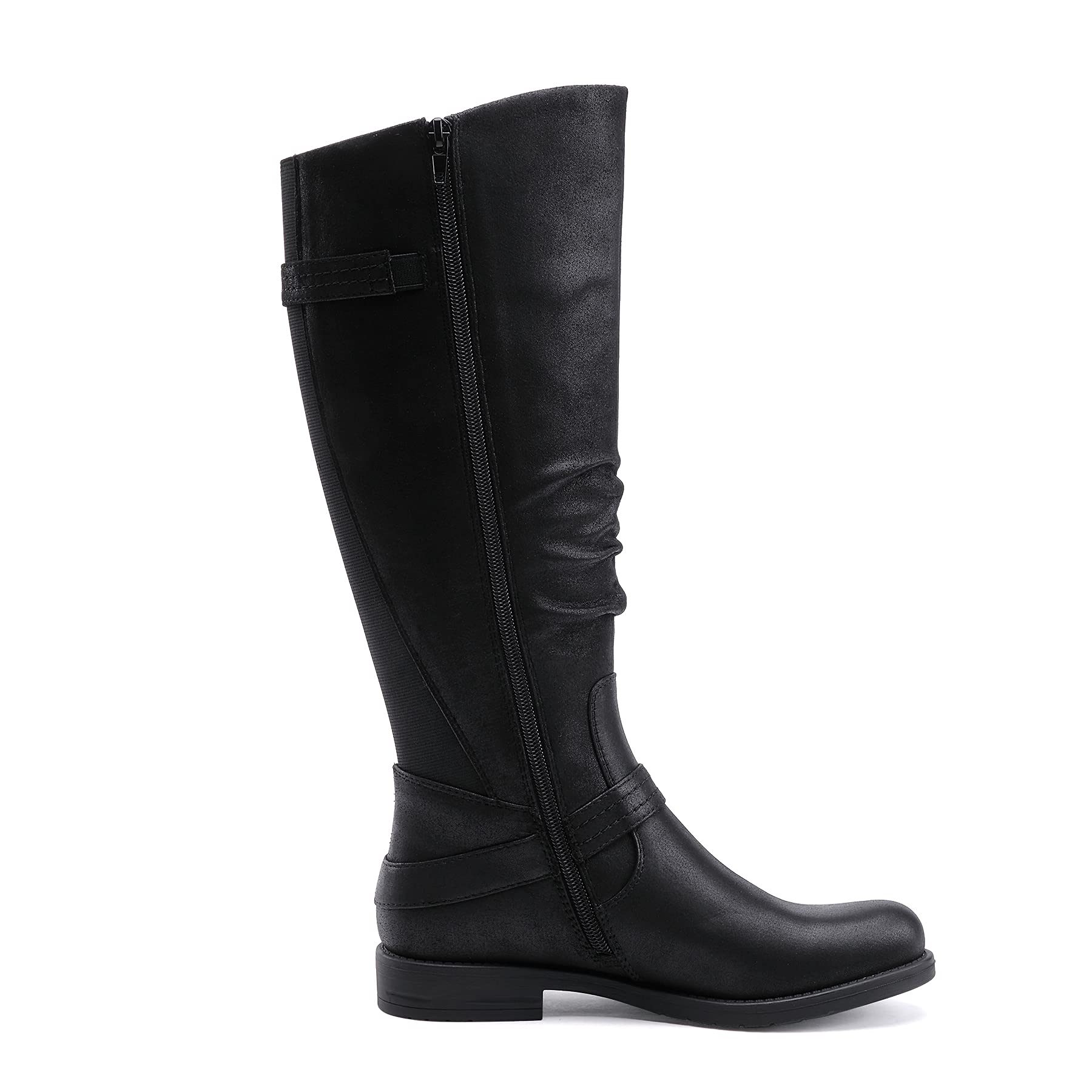 EETTARO Women's Fashion Knee High Boots with Side Zip & Buckles - Elastic Mid Calf Winter Boots Low Heel for Casual Outfits, Office Wear & Cold Weather