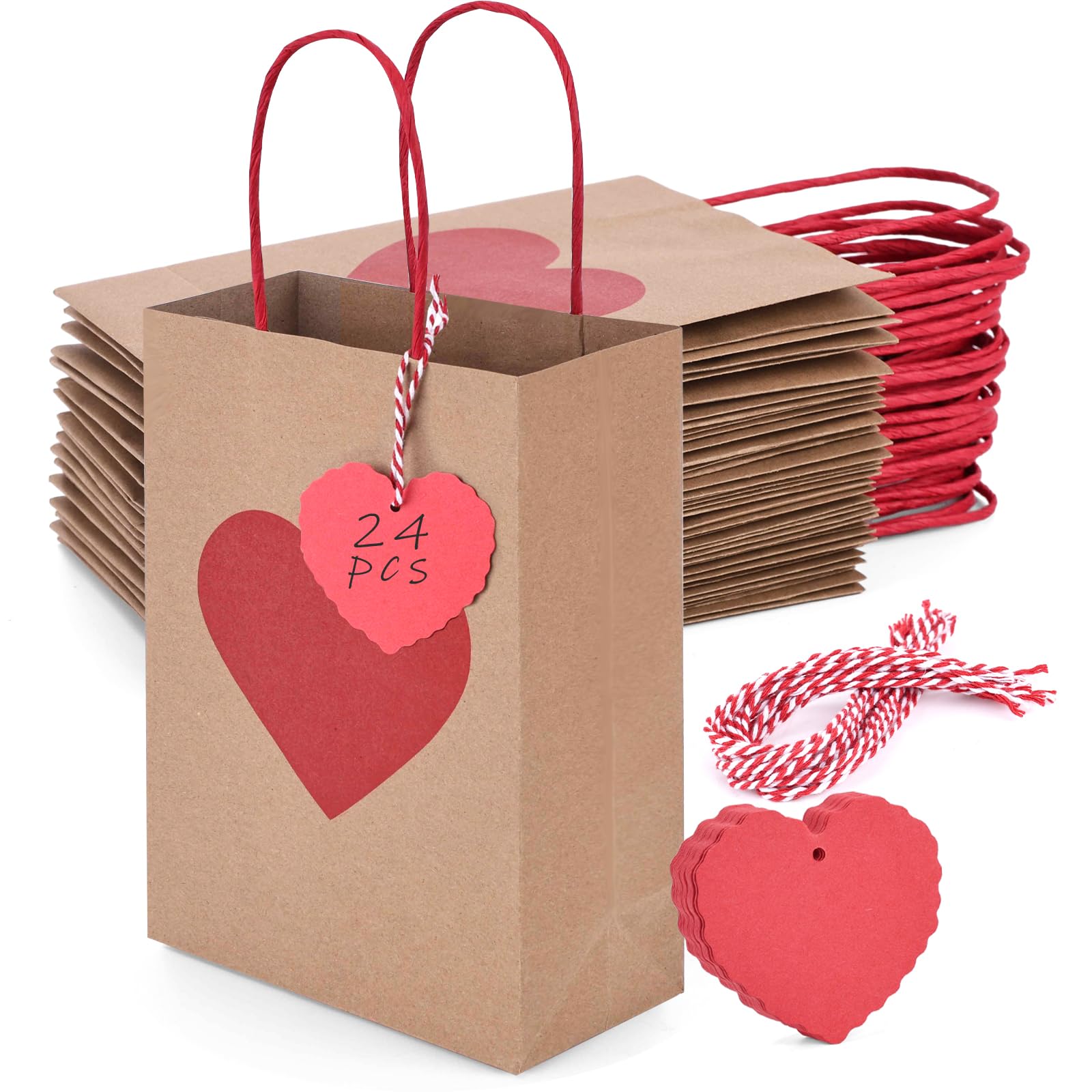 24PCS Red Heart Valentine's Day Gift Bags with Handles & Tags - Bulk Party Favor Bags for Birthdays, Weddings, Baby Showers & Holiday Celebrations - Perfect for Candy, Treats & Small Gifts