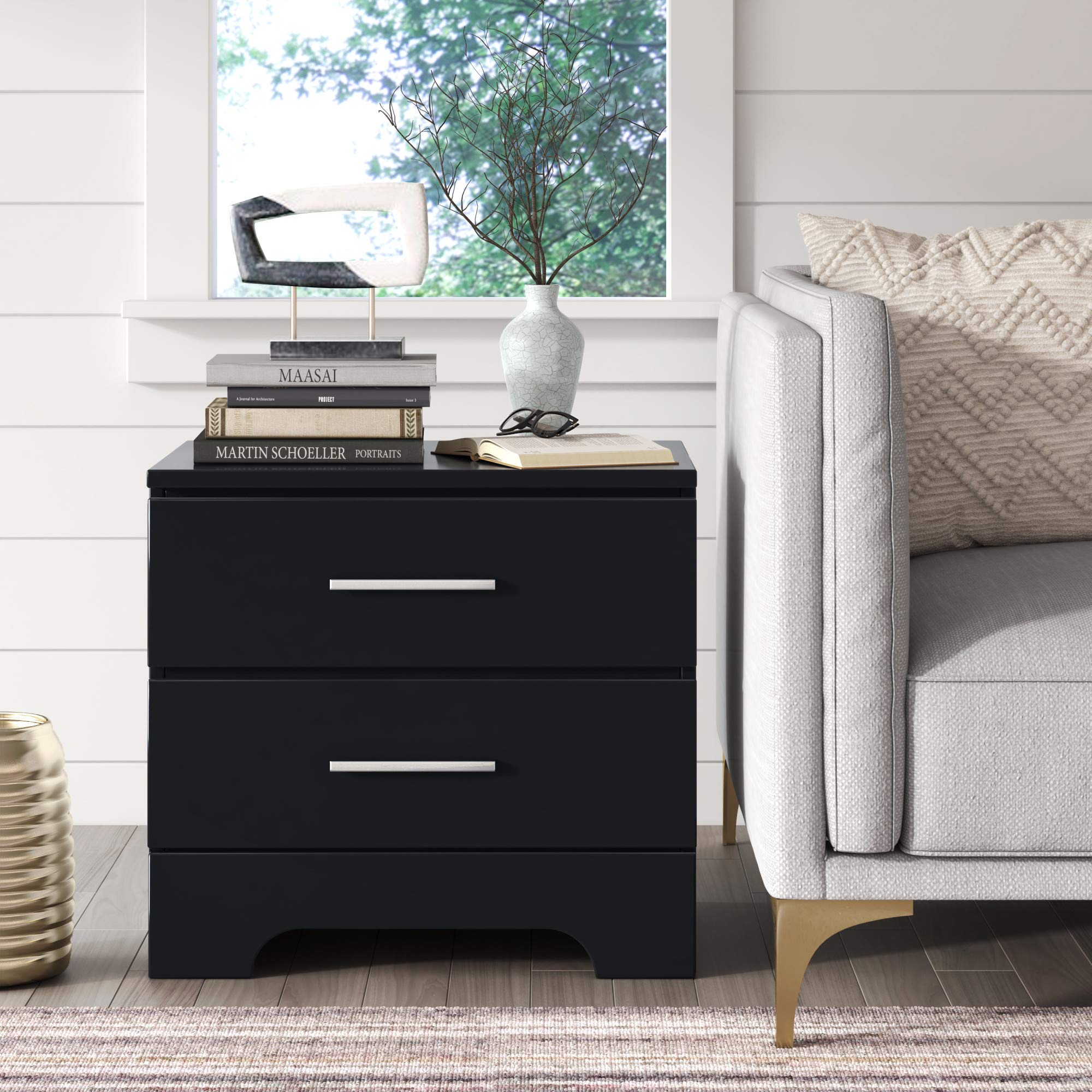 ClickDecor Hudson End Side Nightstand with 2 Drawers - Wooden Nightstand Table for Bedroom with Matte Chrome Handle - Black - Perfect for Small Spaces, Apartment Living & Guest Rooms