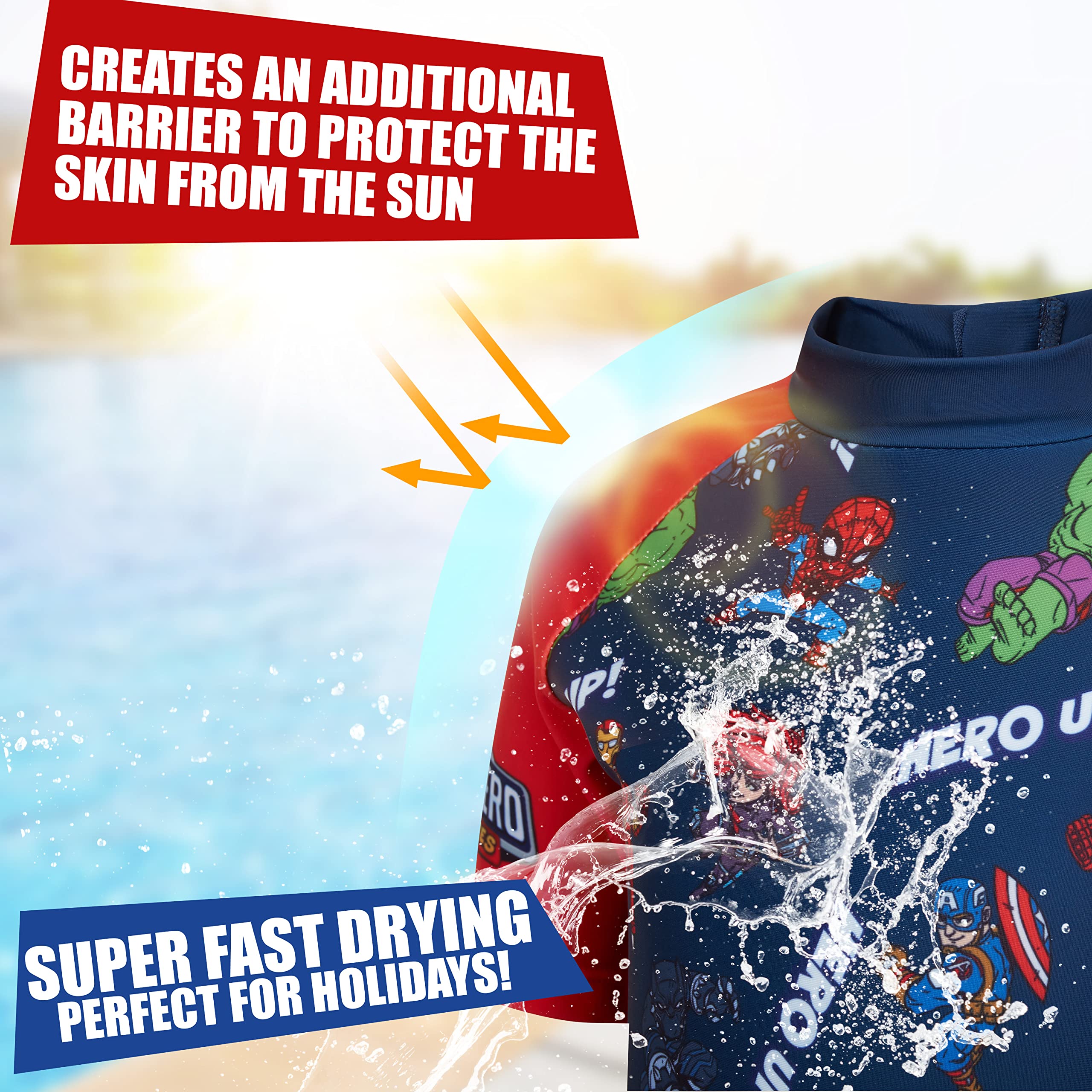 Marvel Kids Rash Guard Swimsuit - Full Body UV Protection Swimwear for Boys & Girls - Perfect for Beach, Pool & Summer Vacation Activities