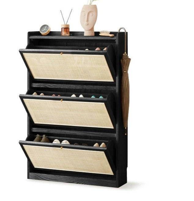 Oak Solid Wood Ultra Thin Flap Door Rattan Shoe Cabinet - Space Saving Entryway Storage Organizer for Hallway, Closet & Mudroom