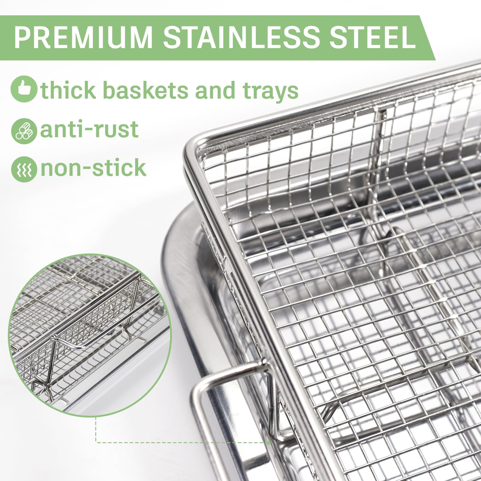 Stainless Steel Air Fryer Basket for Oven - 2-Piece Set with Heavy-Duty Wire Rack & Anti-Scald Handle Clip (12.8