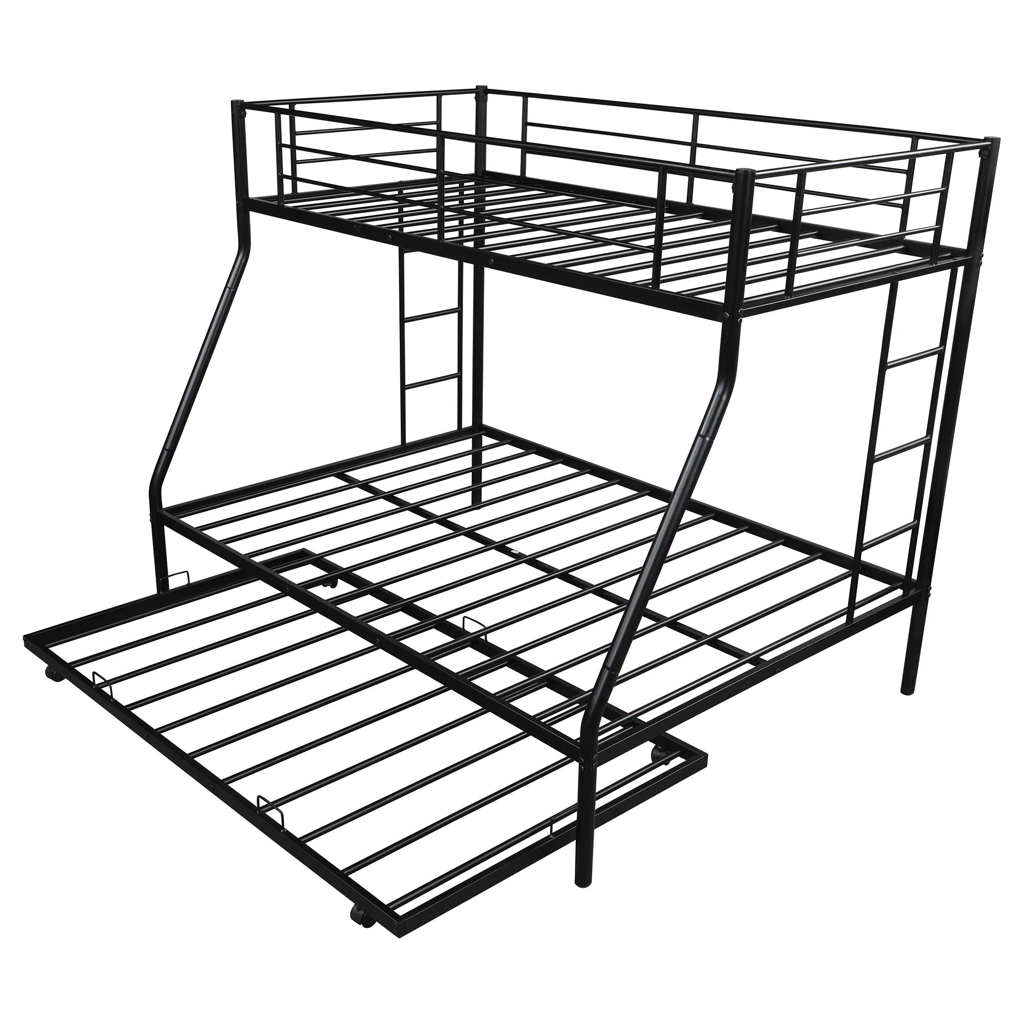 Metal Bunk Beds Twin Over Full Size with 2 Ladders & Trundle - Sturdy Space-Saving Bed for Kids, Teens & Adults (Black) - Perfect for Small Bedrooms, Guest Rooms & Dormitories