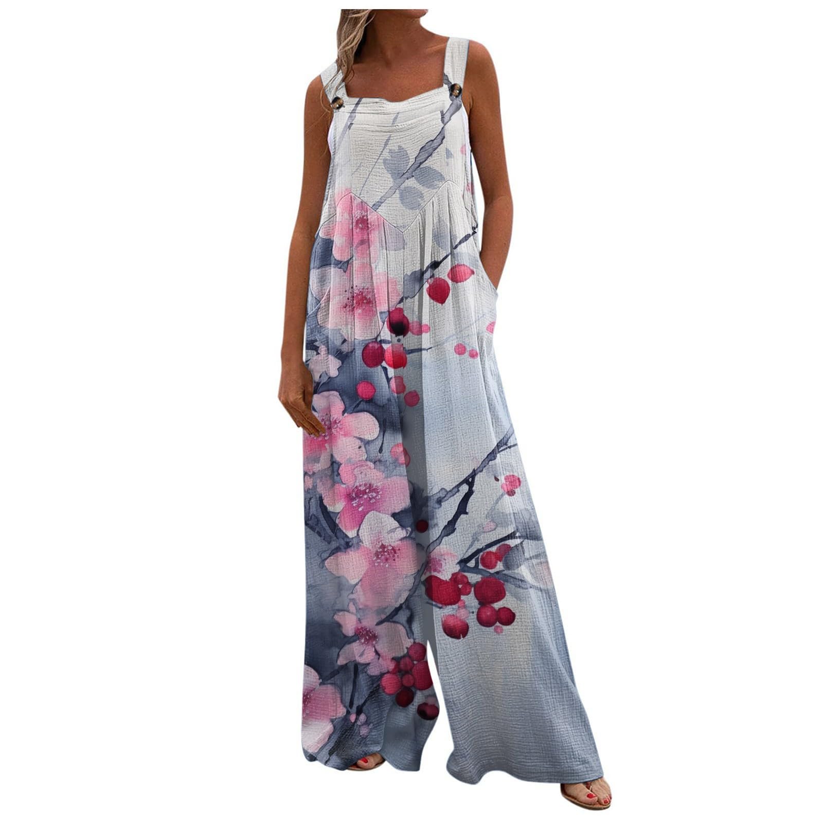 Women's Summer Jumpsuit - Casual Printed Linen Overalls with Pockets | Wide Leg Romper for Beach, Travel & Everyday Wear