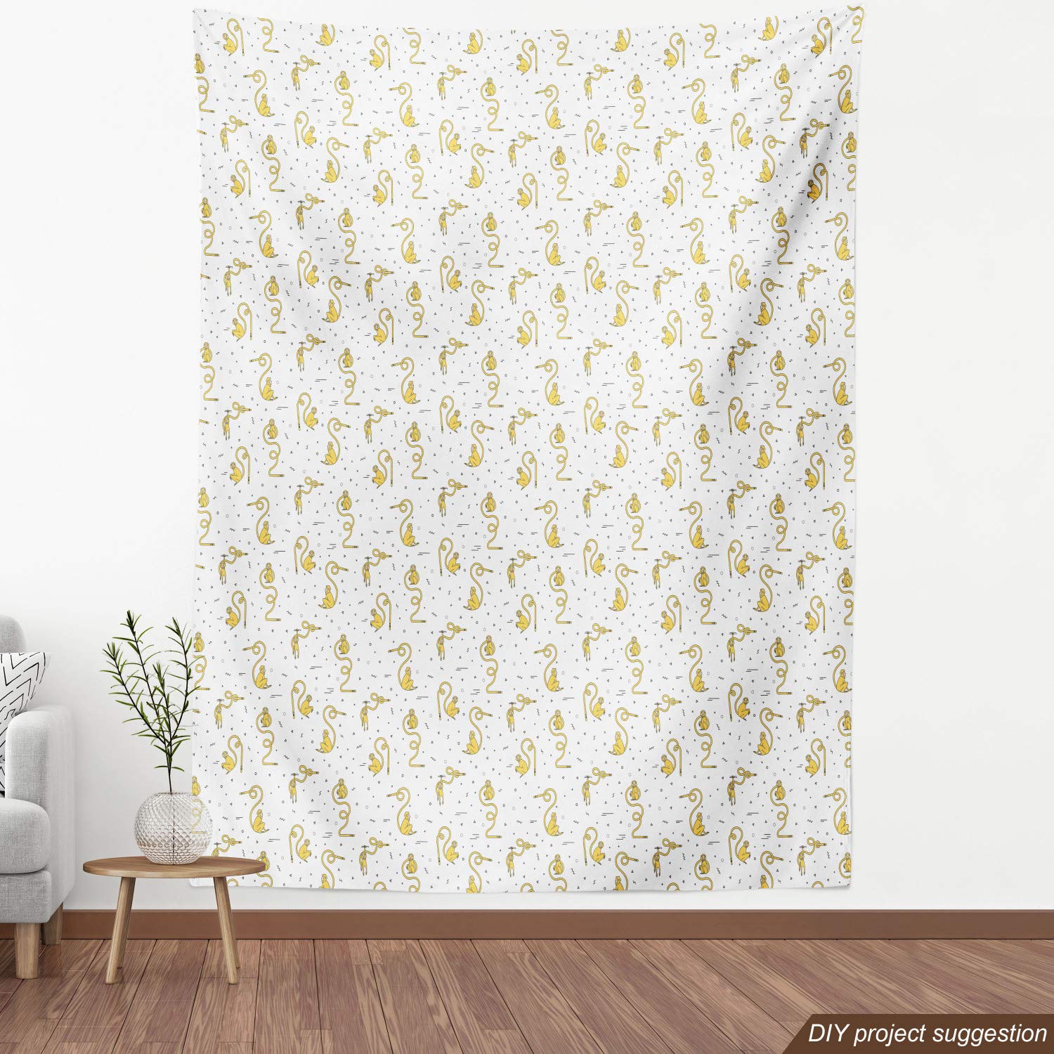 Ambesonne Monkey Fabric by The Yard - Funny Animal Print with Swirling Tails & Geometric Patterns - Yellow Black & White Upholstery Material for Sofa, Curtains & Home Decor (1 Yard) - Perfect for DIY Projects, Pillow Covers & Nursery Decor