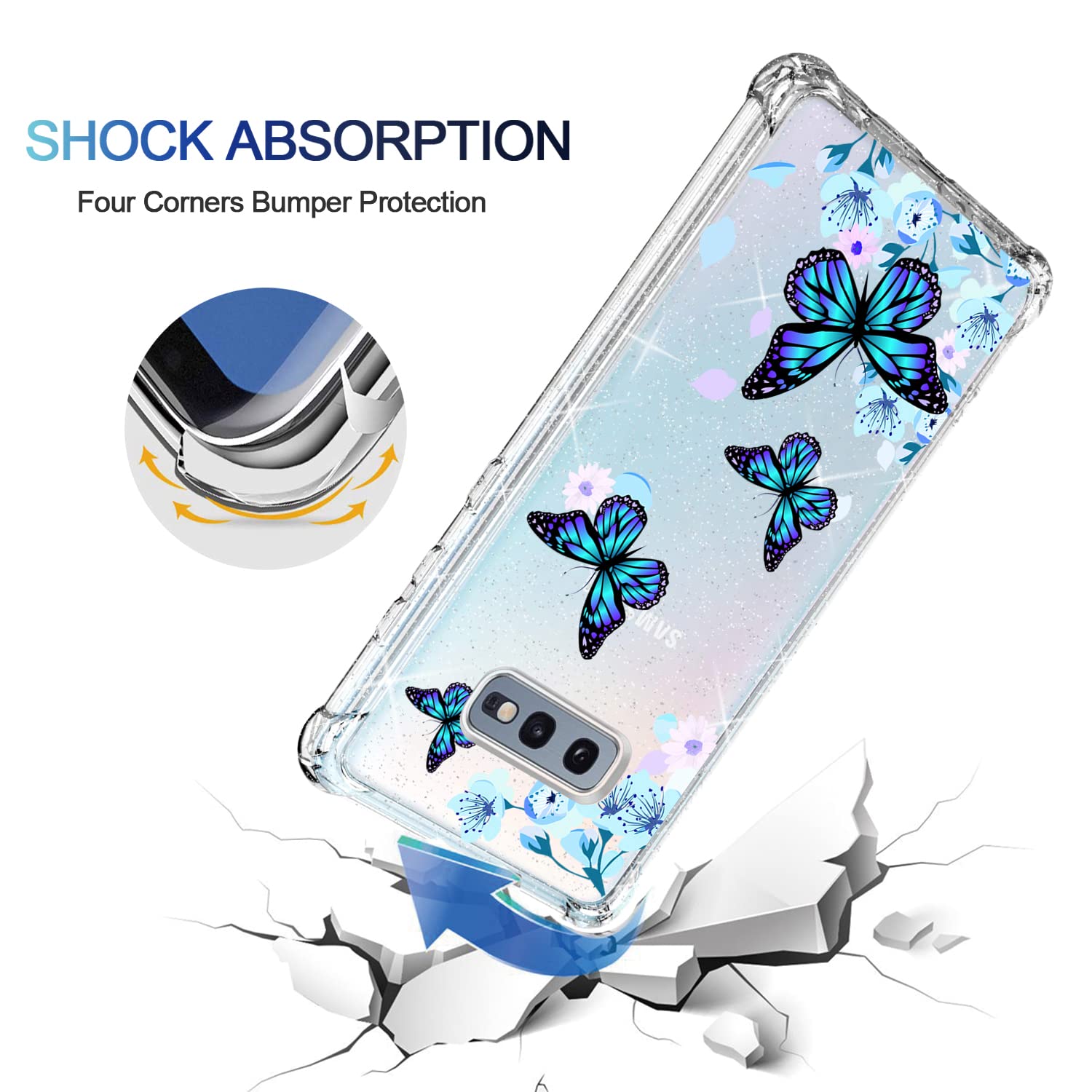 Sparkly Glitter Phone Case for Samsung Galaxy S10E - Bling Luxury Protective Cover with Flower & Butterfly Design, Slim Fit Shockproof Bumper for Women & Girls | Perfect for Parties, Daily Use & Gift Giving