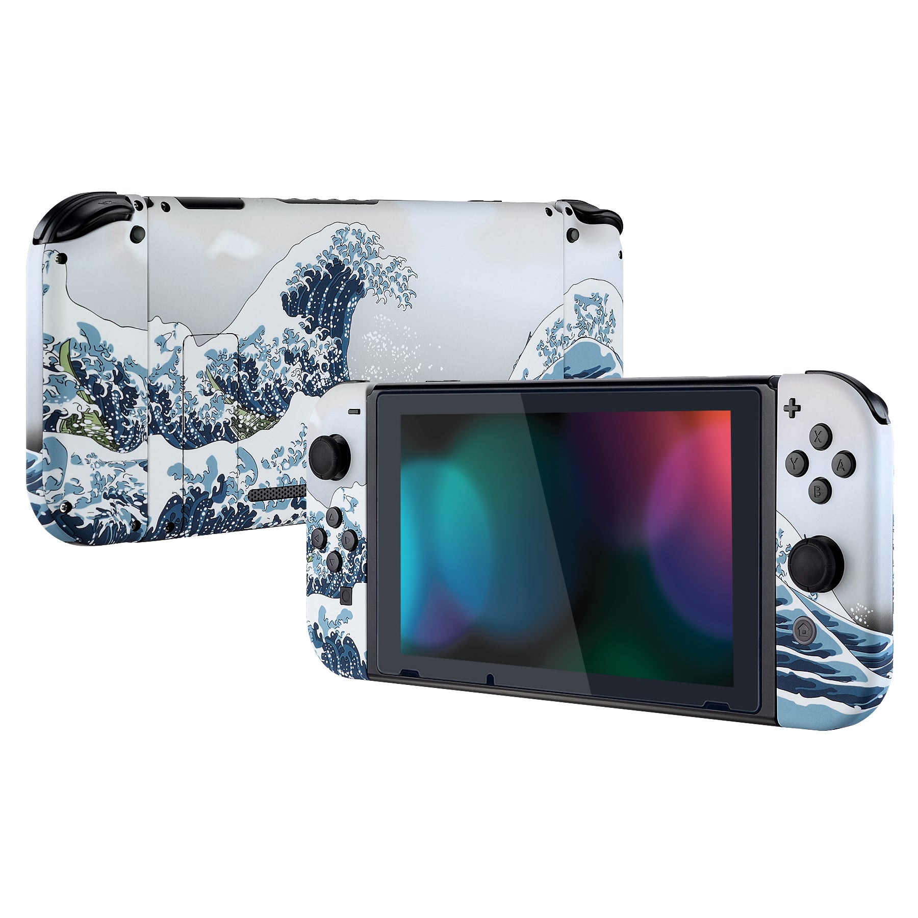 eXtremeRate Soft Touch Grip The Great Wave Back Plate for Nintendo Switch - DIY Replacement Shell with Full Button Set - Upgrade Your Joycon Controller Housing - Perfect for Gaming, Travel & Home Entertainment