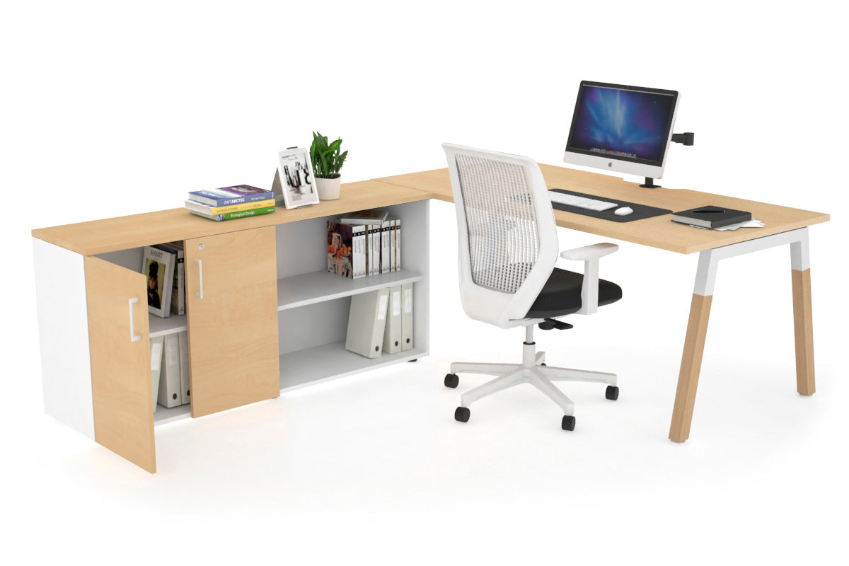 Premium Quadro A-Legs Executive Desk - Solid Wood Legs with White Cross Beam [1600L x 800W] - Modern Office Furniture for Home & Workspace - Includes Cable Management Scallop for Neat Setup