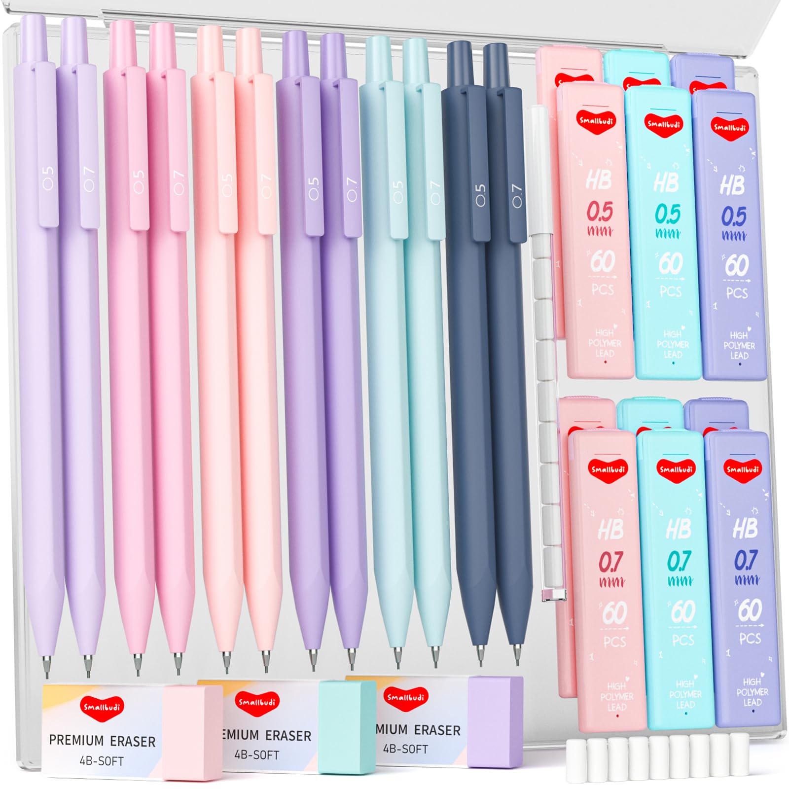 12-Piece 0.5mm & 0.7mm Mechanical Pencil Set with Case - Pastel Colored Drafting Pencils Includes 720 HB Lead Refills & 3 Erasers - Perfect for School, Office, Art Sketching & Technical Drawing