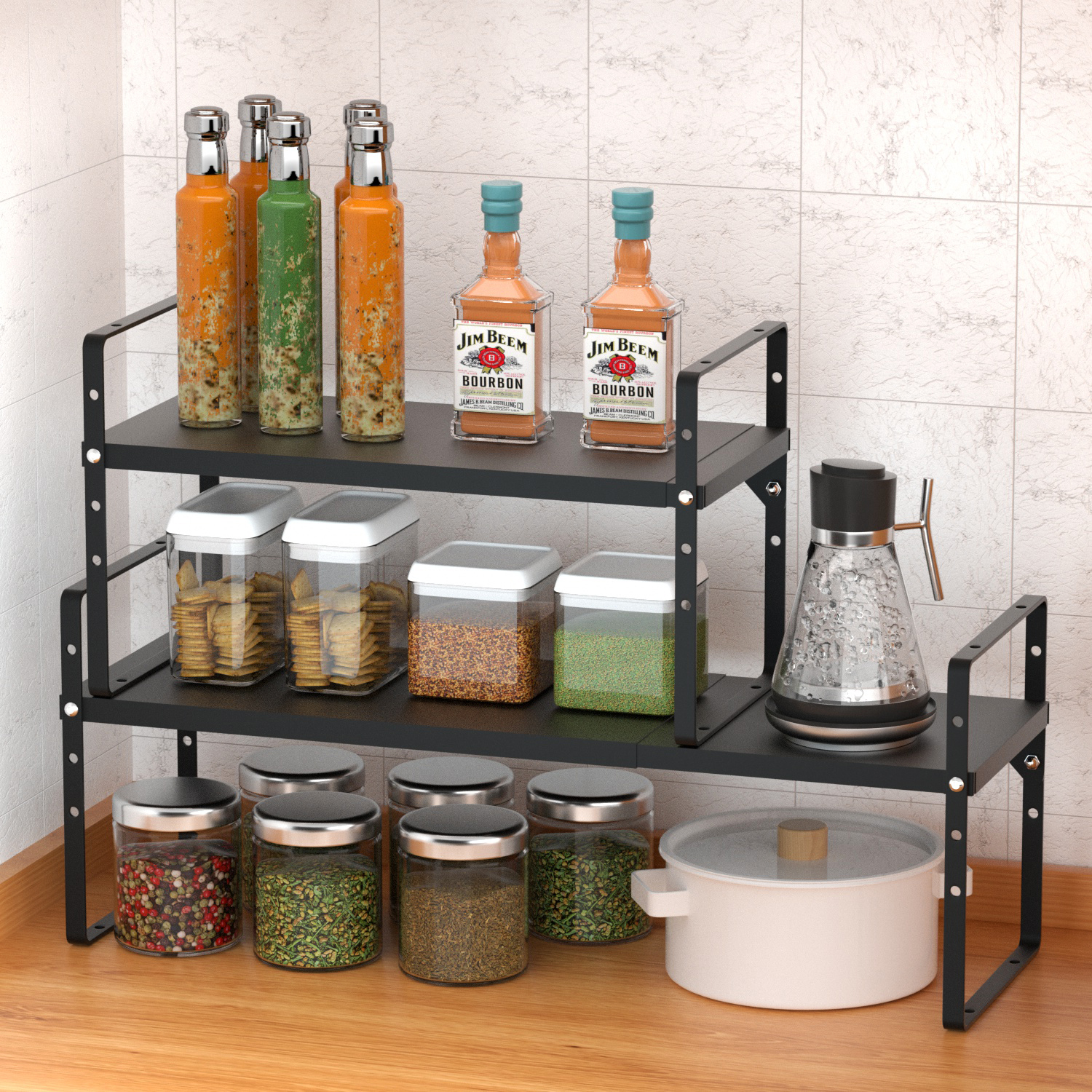 2 Pack Expandable Kitchen Cabinet Shelf Organizers - Stackable Metal Pantry Storage Rack, Adjustable Counter Shelf for Cabinets & Countertops - Perfect for Spice Organization, Baking Supplies & Small Appliance Storage (Black)