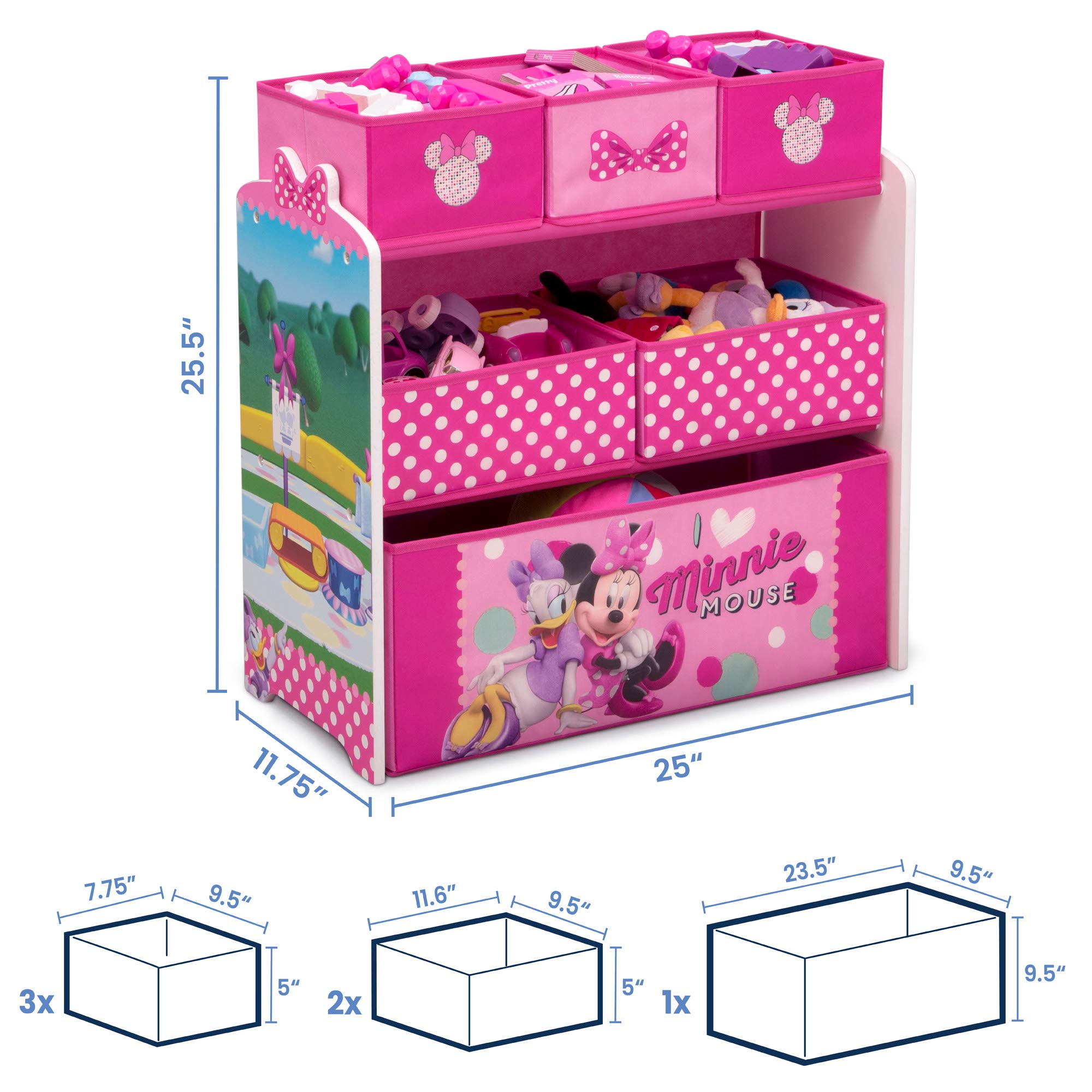 Delta Children 6-Bin Toy Storage Organizer with Disney Minnie Mouse Chair & Desk - Kids Playroom Organization Solution for Toys, Books & Art Supplies