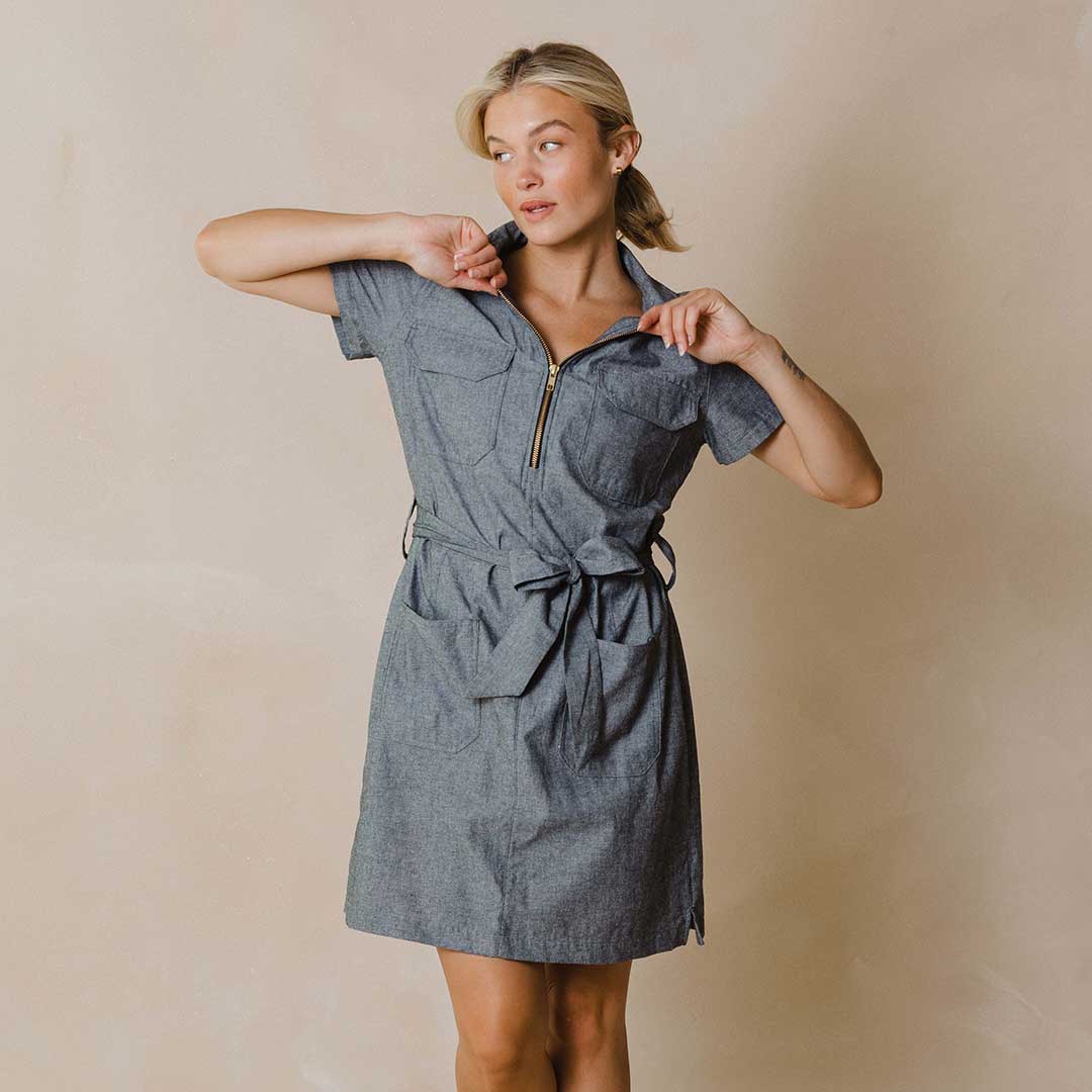 Cape Cod Zip Up Dress in Chambray Black - Stylish Casual Outfit for Beach, Brunch & Summer Vacations