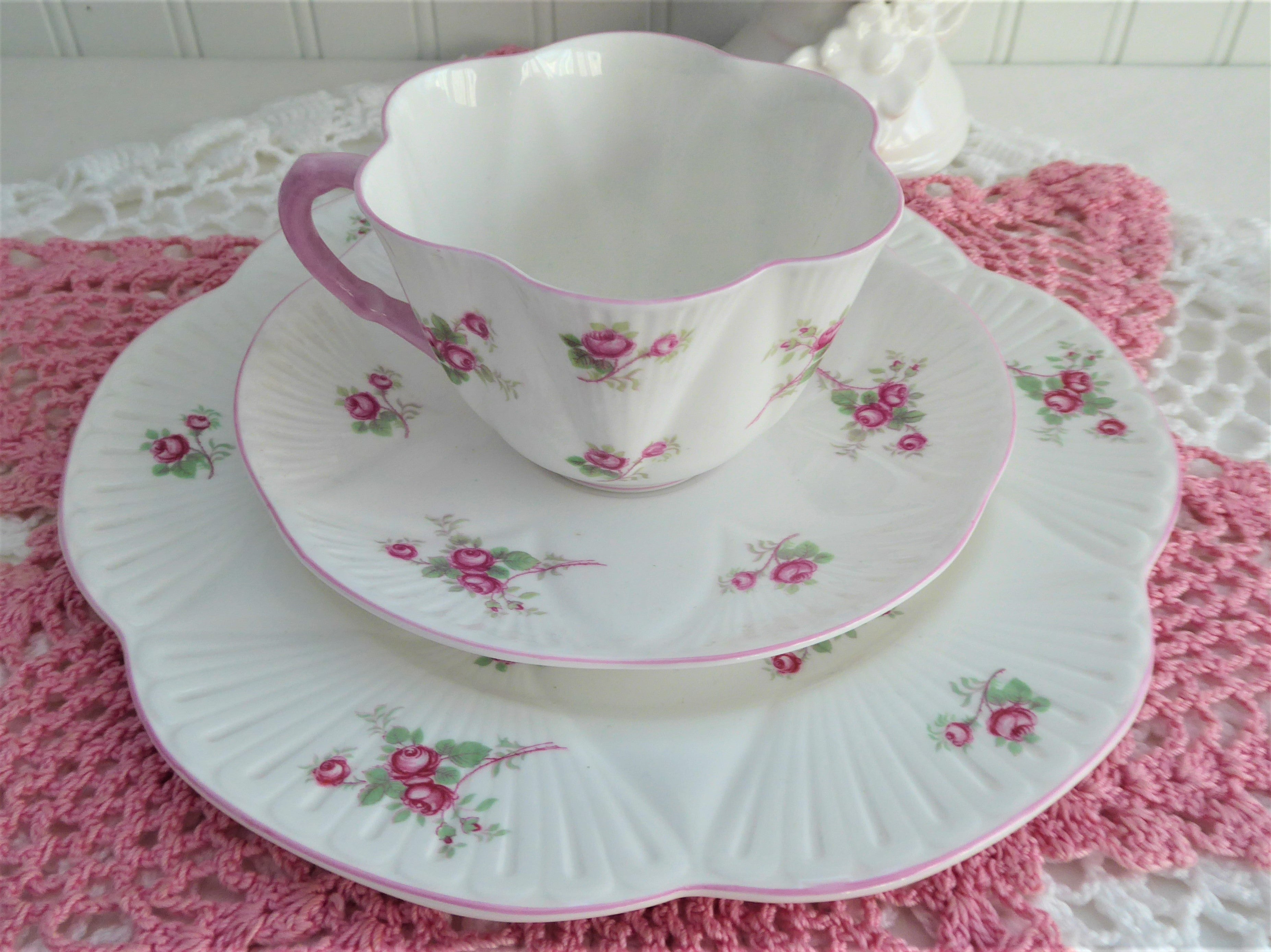 Vintage Shelley Dainty Bridal Rose Teacup Trio Set with Saucer and Matching Plate - 1950s English Bone China for Afternoon Tea, Bridal Shower, and Wedding Gift