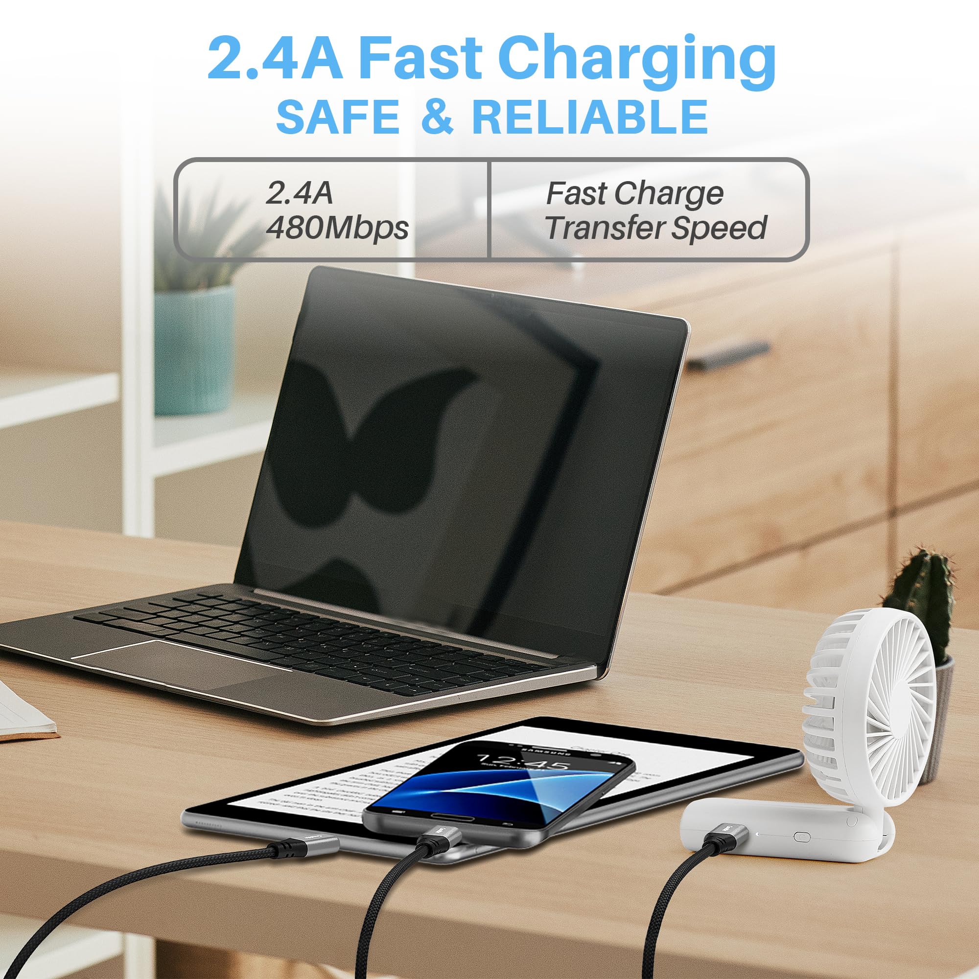 8 FT Micro USB Cable - Nylon Braided Android Charger Cord with Gold-Plated Connectors | Compatible with Samsung Galaxy S7/S6/J7/Note 5, Kindle, MP3 Players, Handheld Fans | Fast Charging & Durable for Home, Office & Travel Use