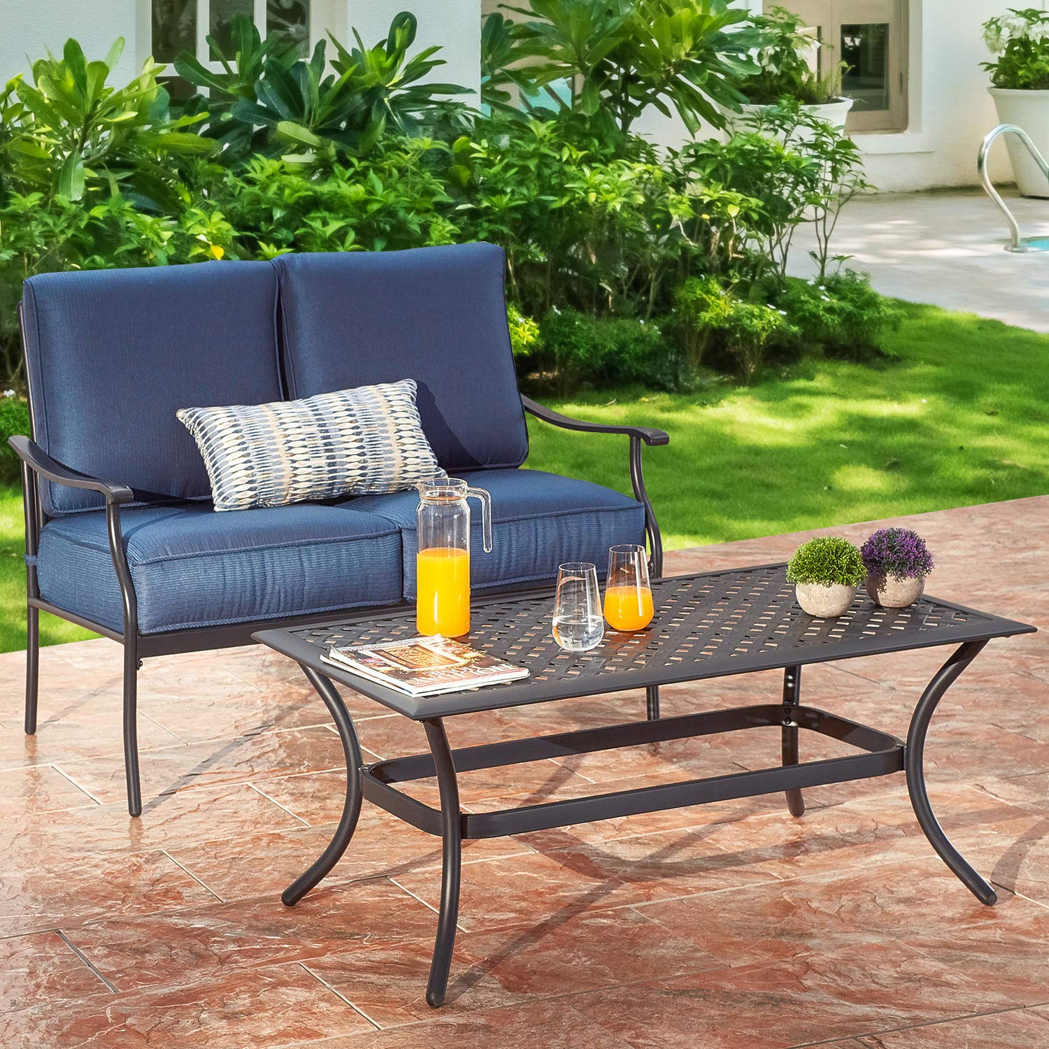 Heavy Duty 2-Person Outdoor Loveseat Set with Cushions & Coffee Table - All-Weather Steel Frame Patio Furniture (Blue, 2-Piece Set) - Perfect for Backyard, Garden, Deck or Poolside Relaxation