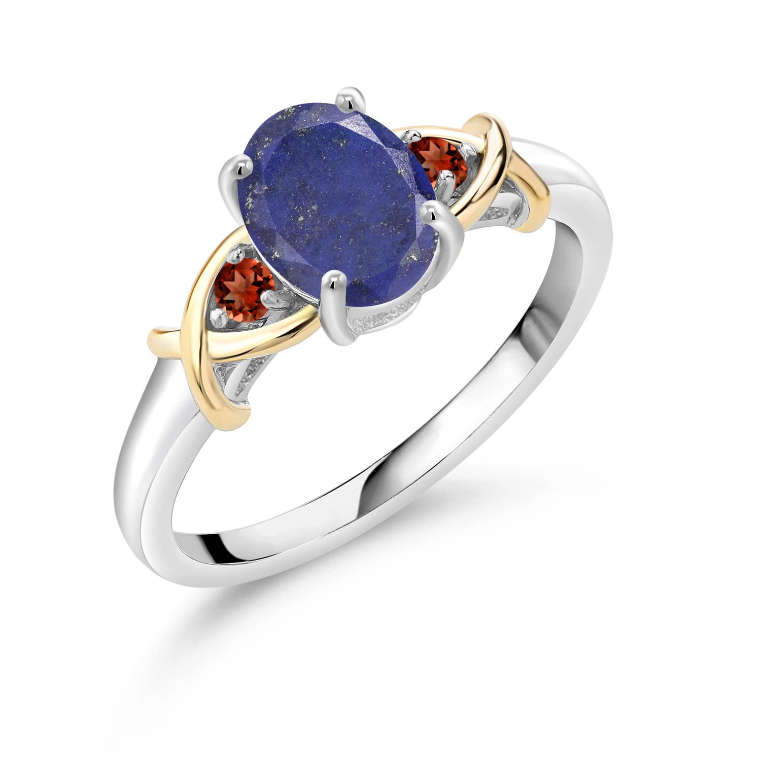 1.50 Ct Oval Blue Lapis & Red Garnet Ring in 925 Sterling Silver & 10K Yellow Gold | Gem Stone King | Elegant Jewelry for Women, Perfect for Weddings, Anniversaries & Special Occasions