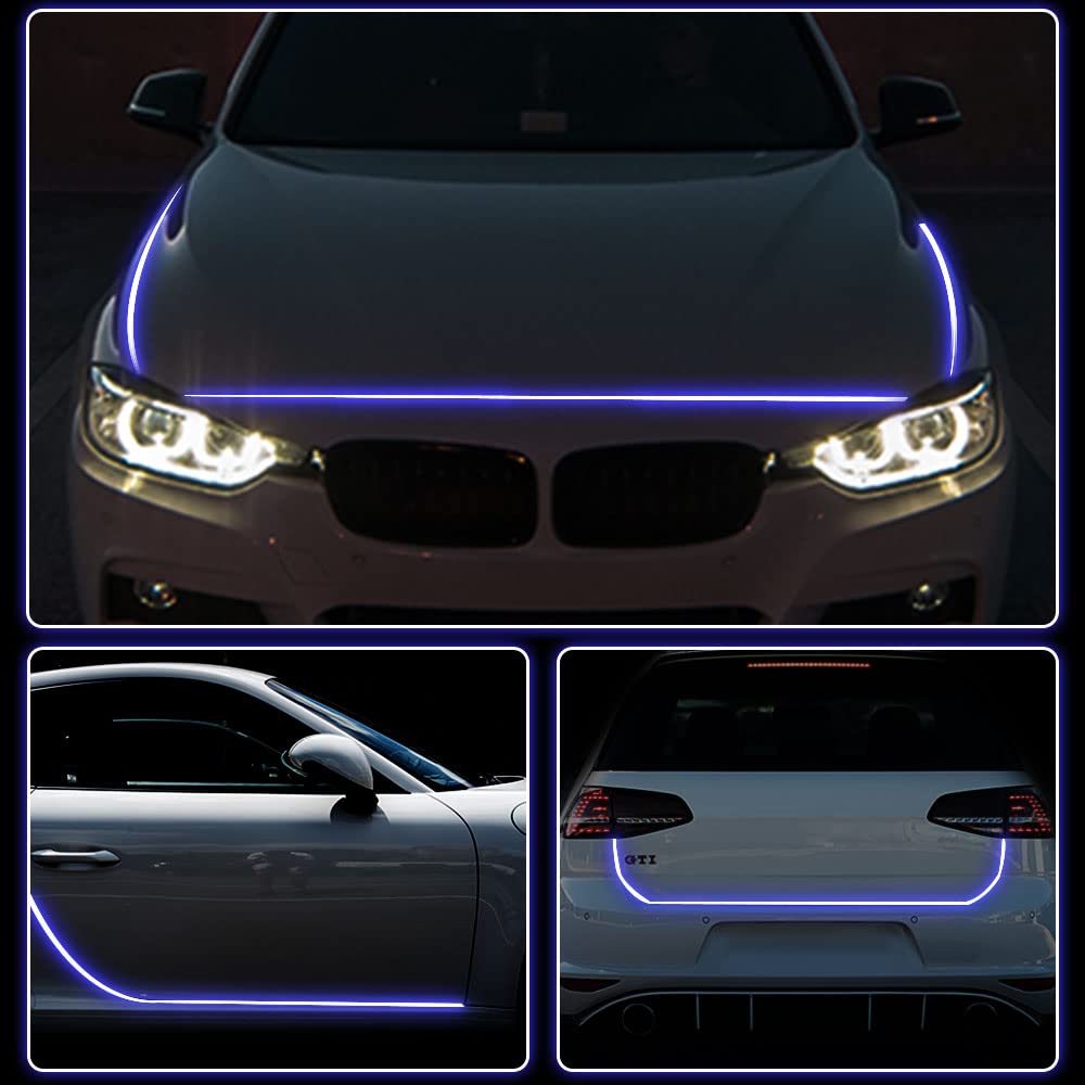 Teguangmei 47.2 Inch (120cm) Flexible Waterproof LED Car Hood Light Bar - Blue Daytime Running Light for SUV, Truck, and Universal 12V Vehicles | Perfect for Night Driving, Off-Roading & Car Decoration